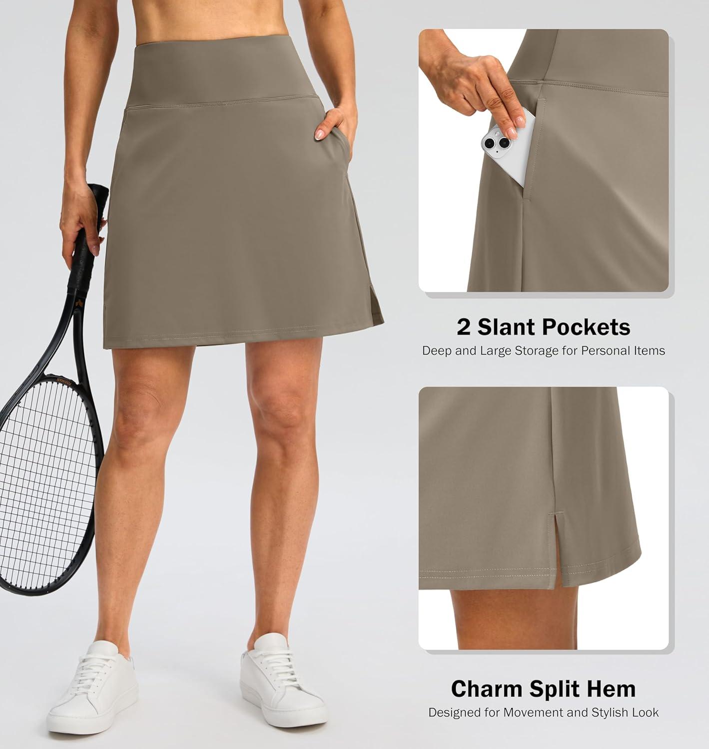 imageSANTINY 18quot Skorts for Women 3 Pockets High Waist Long Athletic Tennis Skirt Golf Skort for Casual Summer TravelKhaki Brown