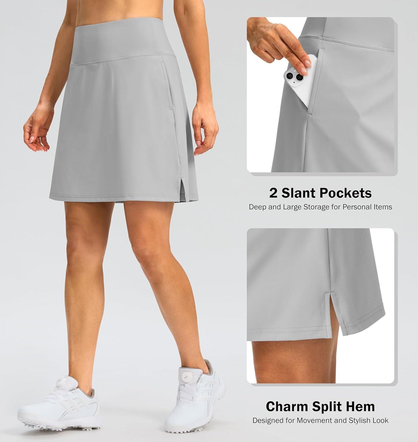 imageSANTINY 18quot Skorts for Women 3 Pockets High Waist Long Athletic Tennis Skirt Golf Skort for Casual Summer TravelLight Grey