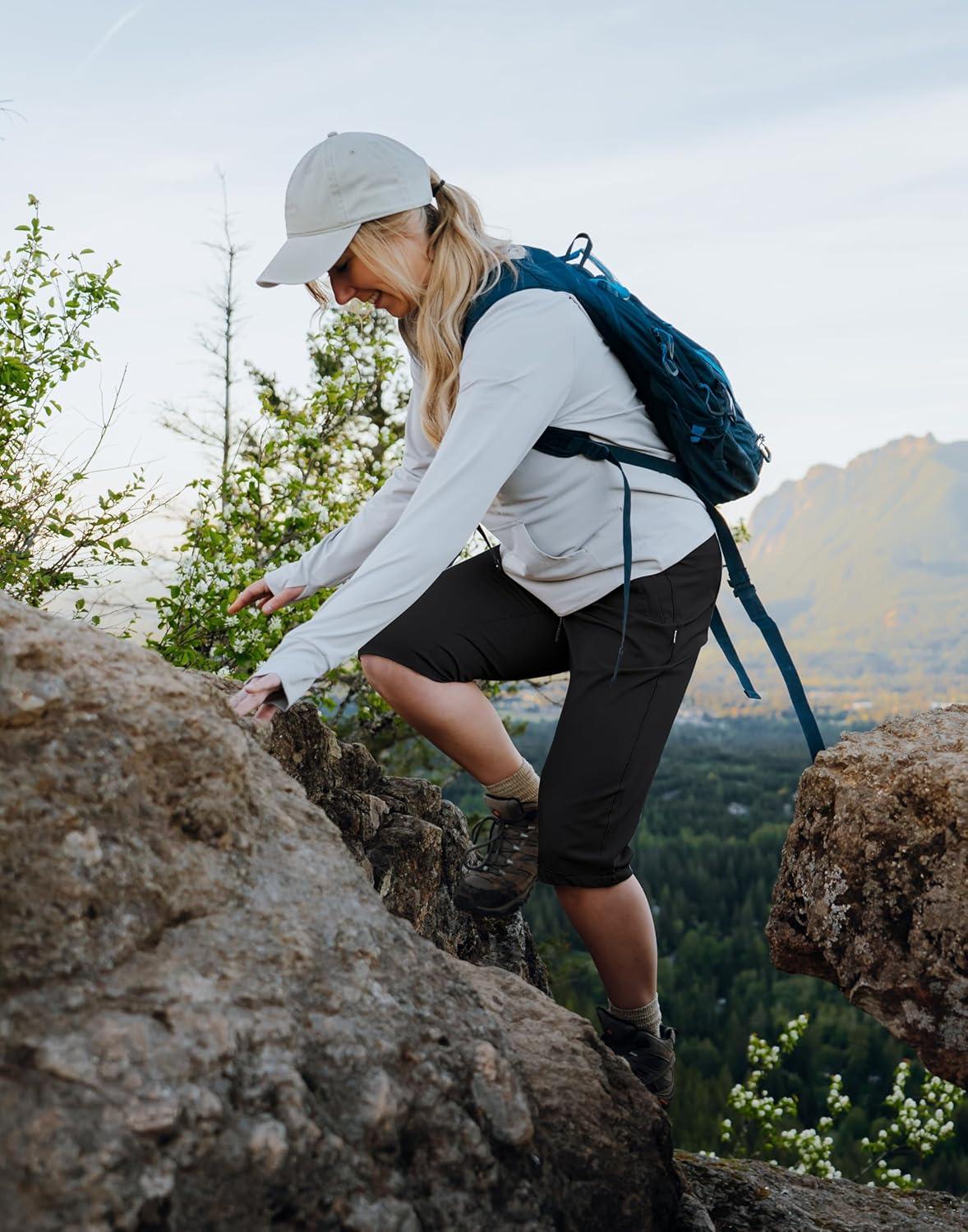 imageSANTINY Womens 15quot Long Shorts with Pockets Below The Knee Length Hiking Cargo Capris Lightweight Quick Dry Bermuda ShortsBlack