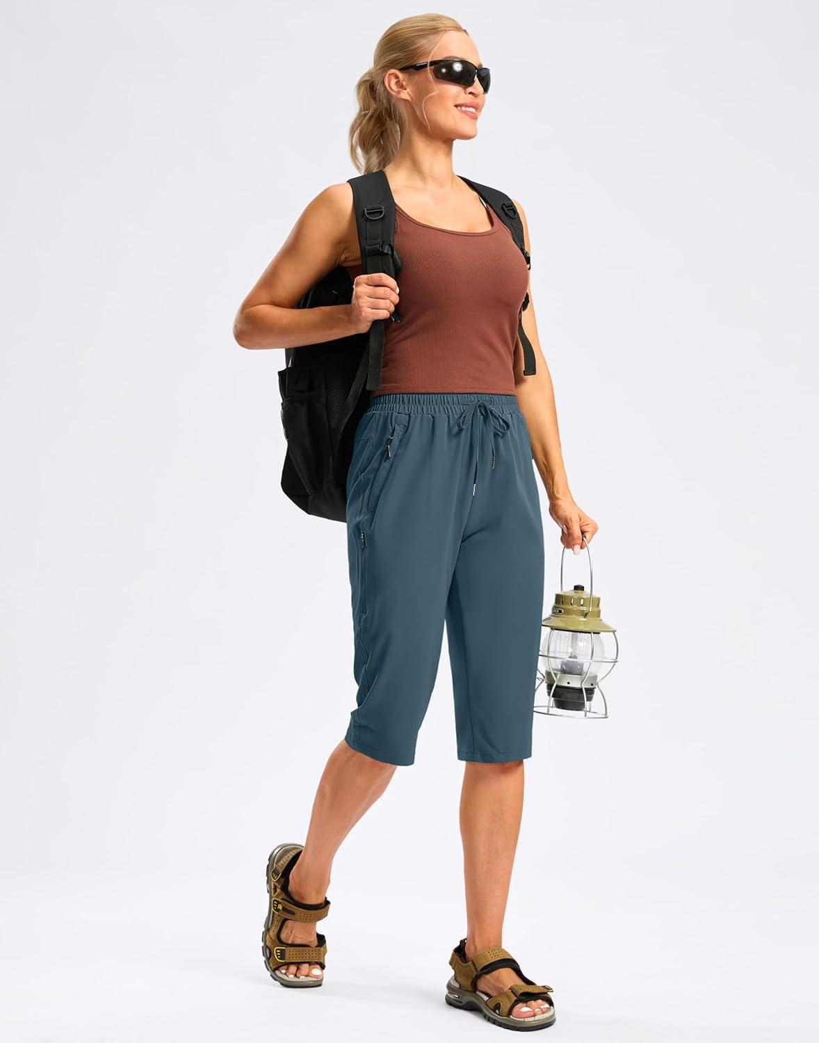 imageSANTINY Womens 15quot Long Shorts with Pockets Below The Knee Length Hiking Cargo Capris Lightweight Quick Dry Bermuda ShortsDark Blue