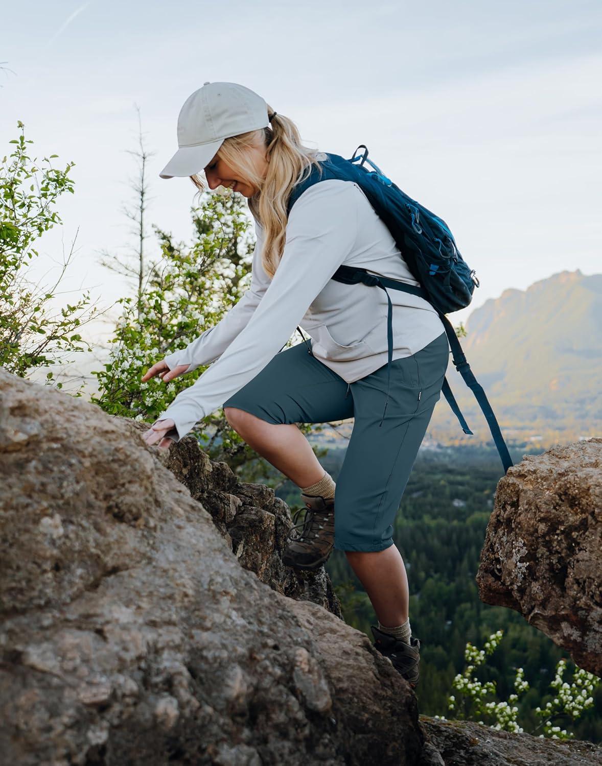 imageSANTINY Womens 15quot Long Shorts with Pockets Below The Knee Length Hiking Cargo Capris Lightweight Quick Dry Bermuda ShortsDark Blue