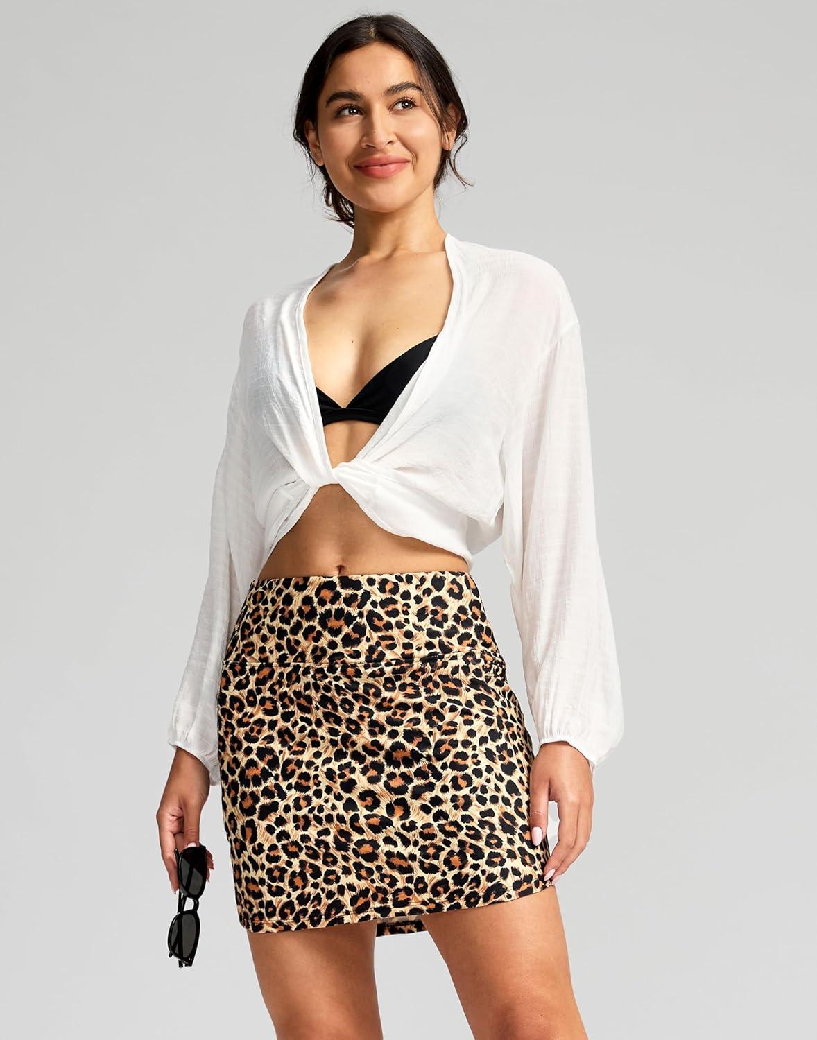 imageSANTINY Womens 17 Long Swim Skirt with Pockets High Waisted Modest Tummy Control Swimsuit Skirt Bathing Suit BottomsLeopard