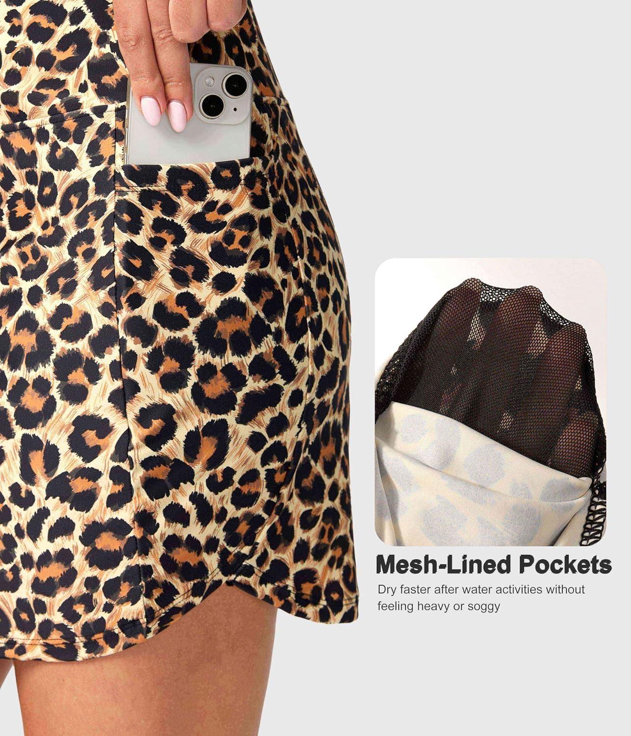 imageSANTINY Womens 17 Long Swim Skirt with Pockets High Waisted Modest Tummy Control Swimsuit Skirt Bathing Suit BottomsLeopard