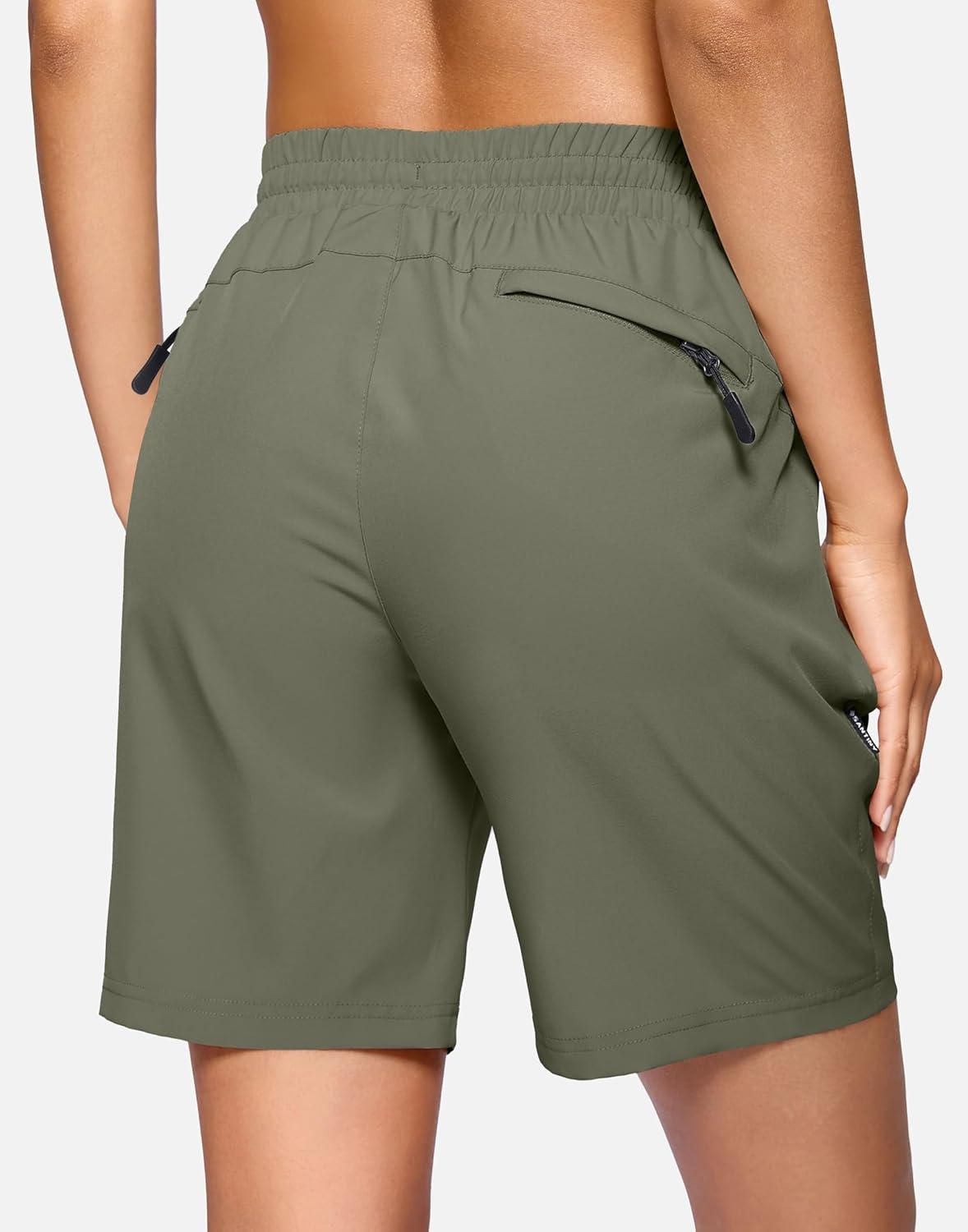 imageSANTINY Womens 7 9 Hiking Shorts with 3 Zipper Pockets Lightweight Quick Dry Long Athletic Golf Shorts for Women CasualSage Green