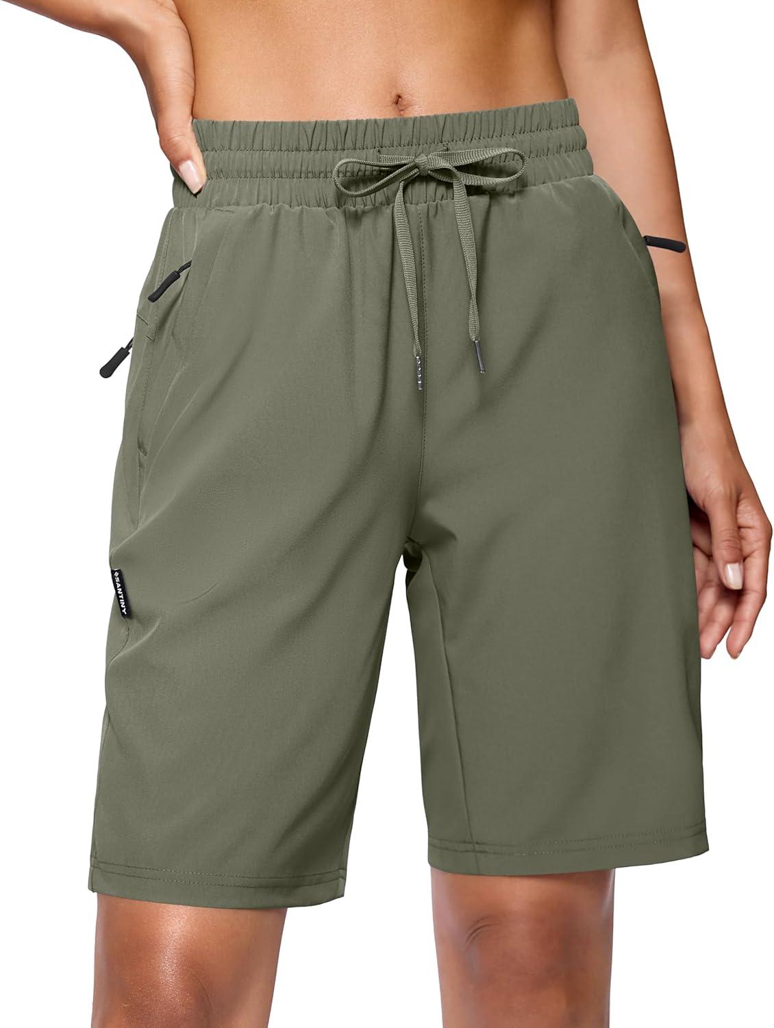 imageSANTINY Womens 7 9 Hiking Shorts with 3 Zipper Pockets Lightweight Quick Dry Long Athletic Golf Shorts for Women CasualSage Green