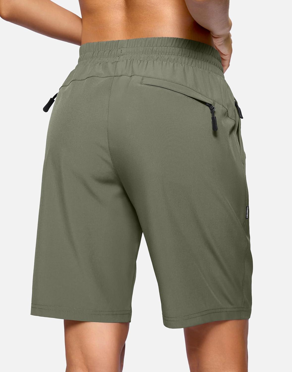 imageSANTINY Womens 7 9 Hiking Shorts with 3 Zipper Pockets Lightweight Quick Dry Long Athletic Golf Shorts for Women CasualSage Green