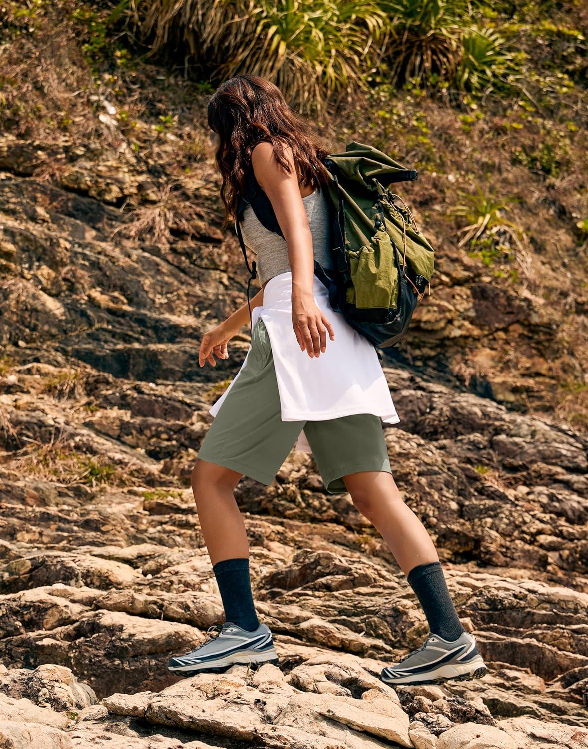 imageSANTINY Womens 7 9 Hiking Shorts with 3 Zipper Pockets Lightweight Quick Dry Long Athletic Golf Shorts for Women CasualSage Green