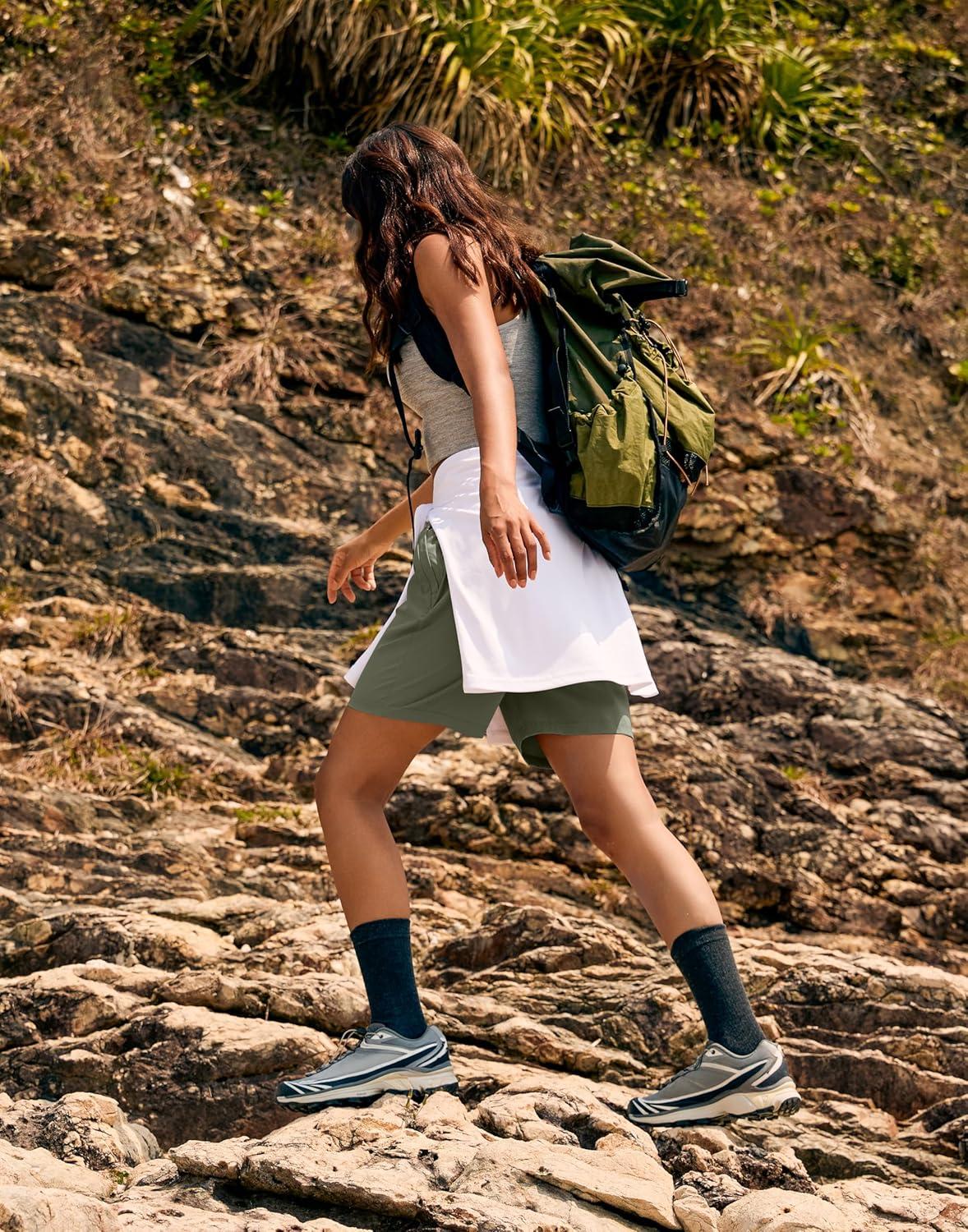 imageSANTINY Womens 7 9 Hiking Shorts with 3 Zipper Pockets Lightweight Quick Dry Long Athletic Golf Shorts for Women CasualSage Green