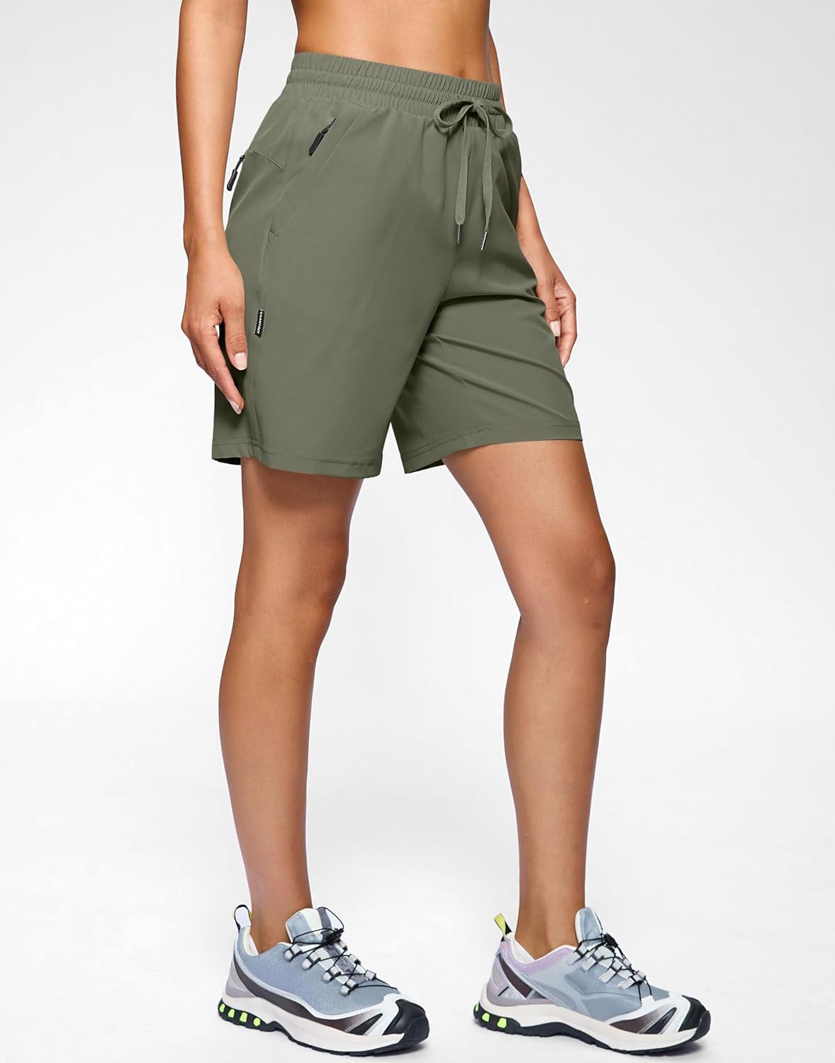 imageSANTINY Womens 7 9 Hiking Shorts with 3 Zipper Pockets Lightweight Quick Dry Long Athletic Golf Shorts for Women CasualSage Green