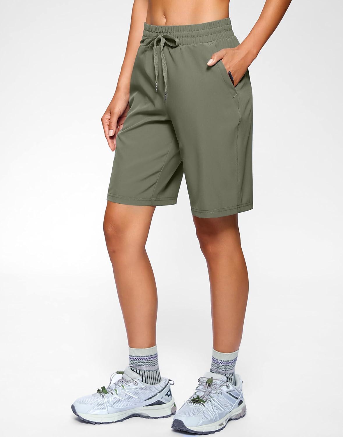 imageSANTINY Womens 7 9 Hiking Shorts with 3 Zipper Pockets Lightweight Quick Dry Long Athletic Golf Shorts for Women CasualSage Green