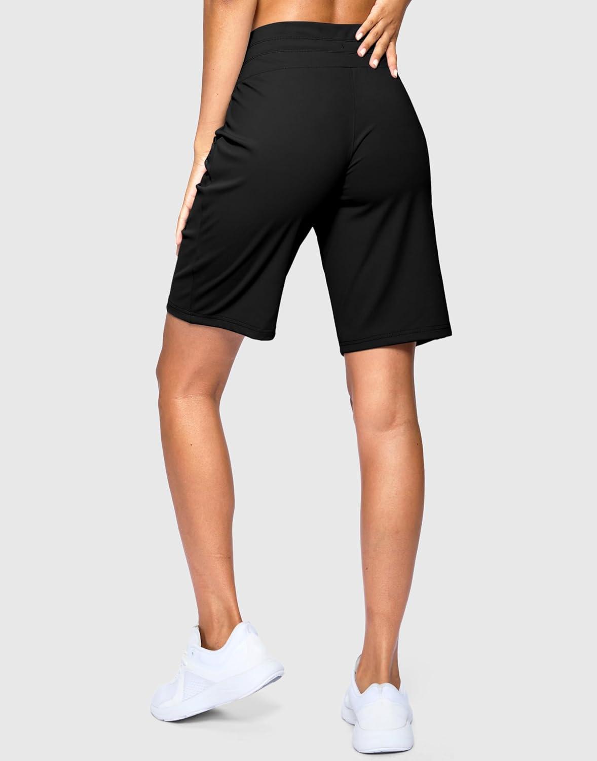 imageSANTINY Womens Bermuda Long Shorts with Pockets Drawstring High Waisted Athletic Knee Length Shorts Walking Casual Workout01black