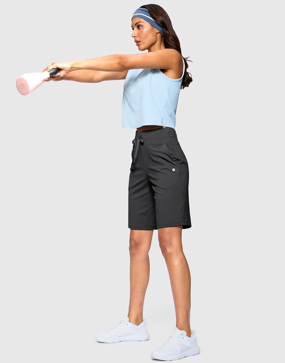 imageSANTINY Womens Bermuda Long Shorts with Pockets Drawstring High Waisted Athletic Knee Length Shorts Walking Casual WorkoutDark Grey