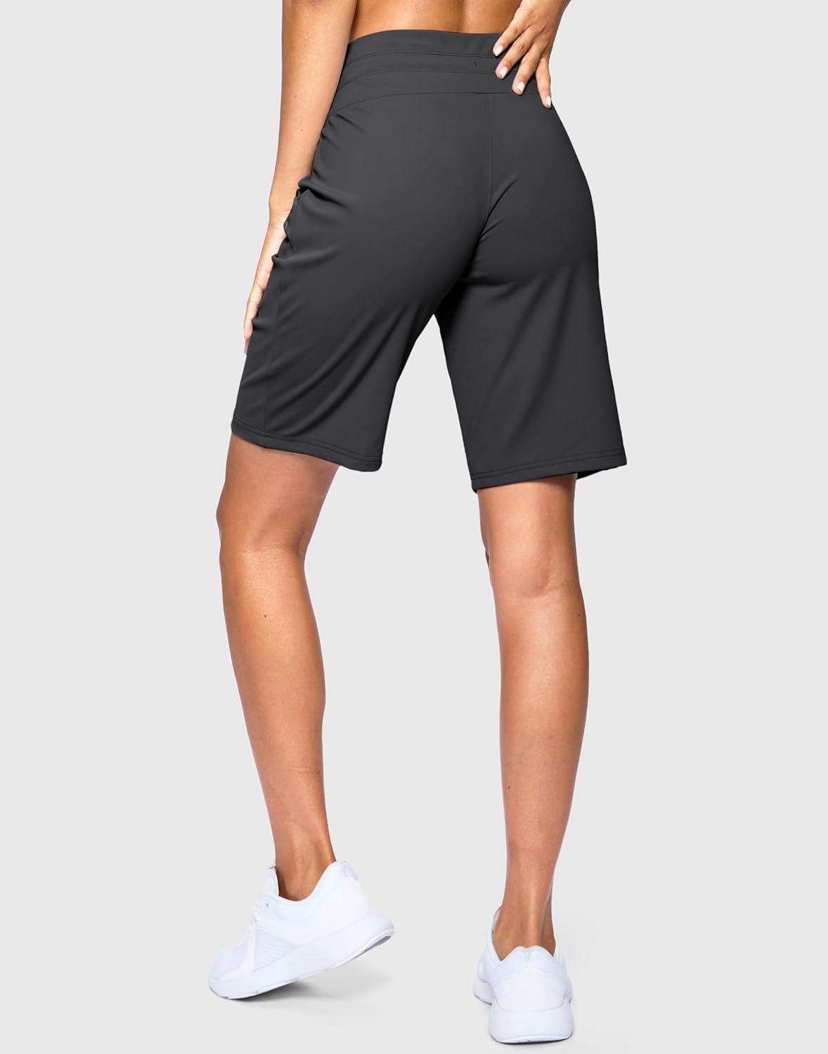 imageSANTINY Womens Bermuda Long Shorts with Pockets Drawstring High Waisted Athletic Knee Length Shorts Walking Casual WorkoutDark Grey