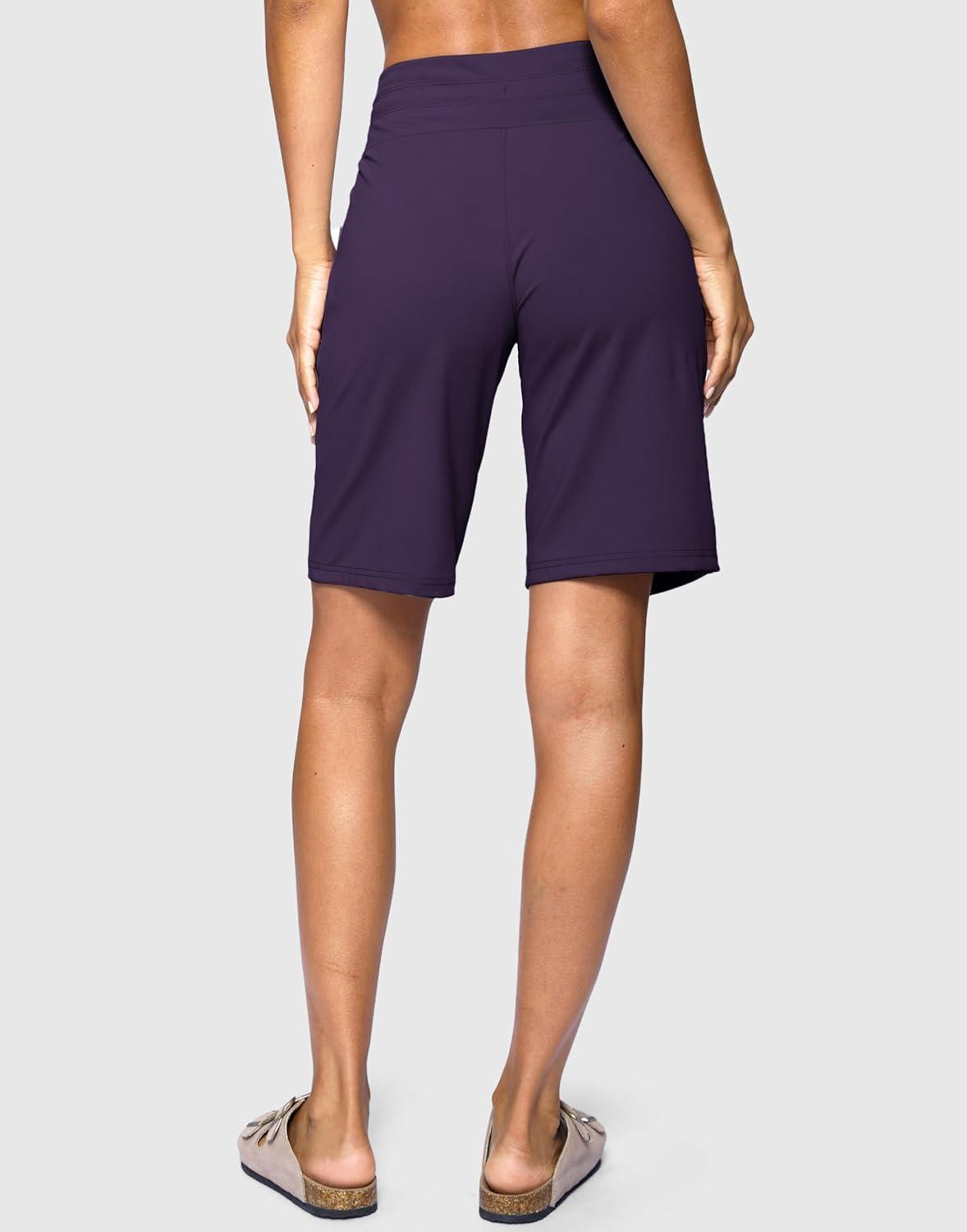 imageSANTINY Womens Bermuda Long Shorts with Pockets Drawstring High Waisted Athletic Knee Length Shorts Walking Casual WorkoutDark Purple