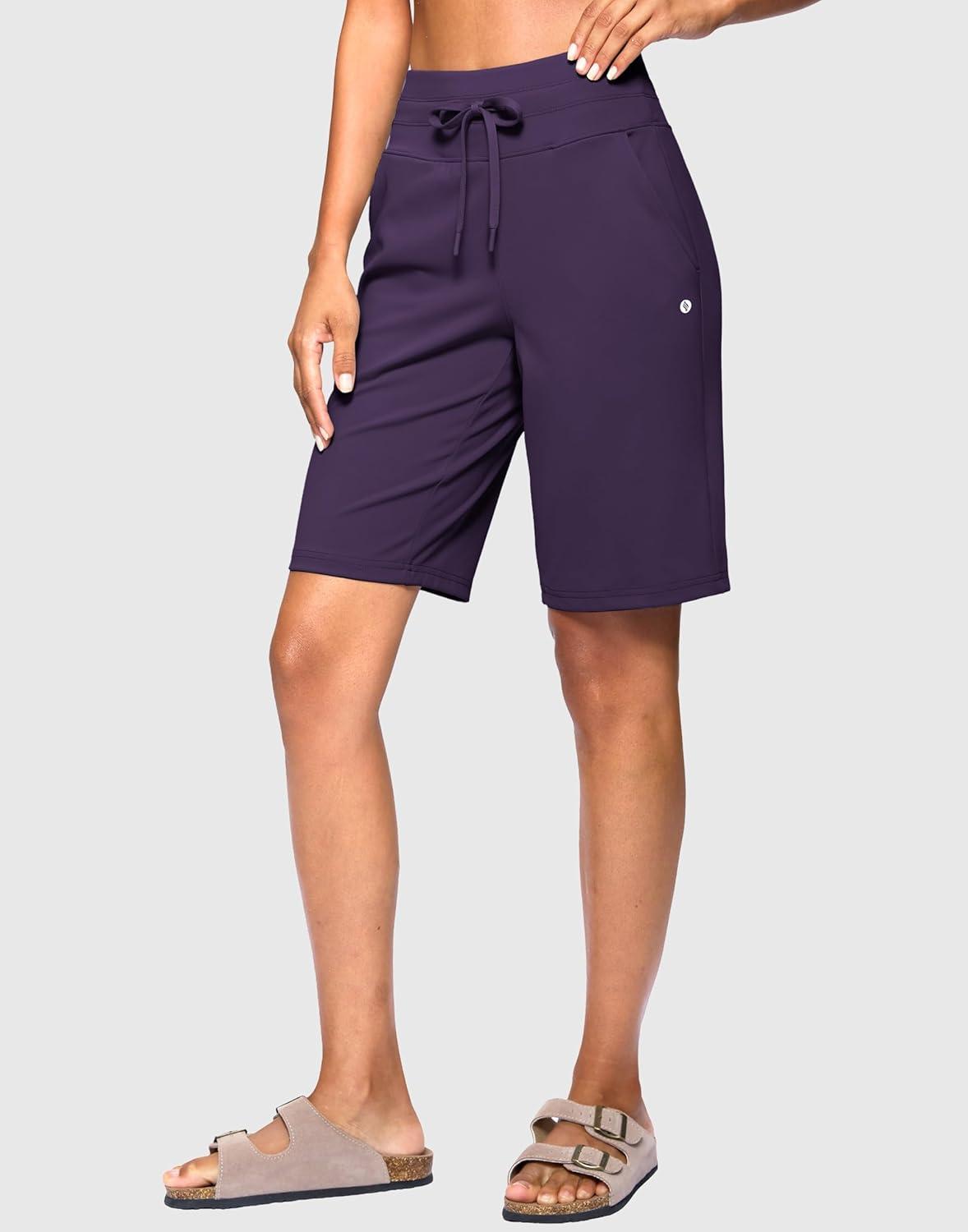 imageSANTINY Womens Bermuda Long Shorts with Pockets Drawstring High Waisted Athletic Knee Length Shorts Walking Casual WorkoutDark Purple