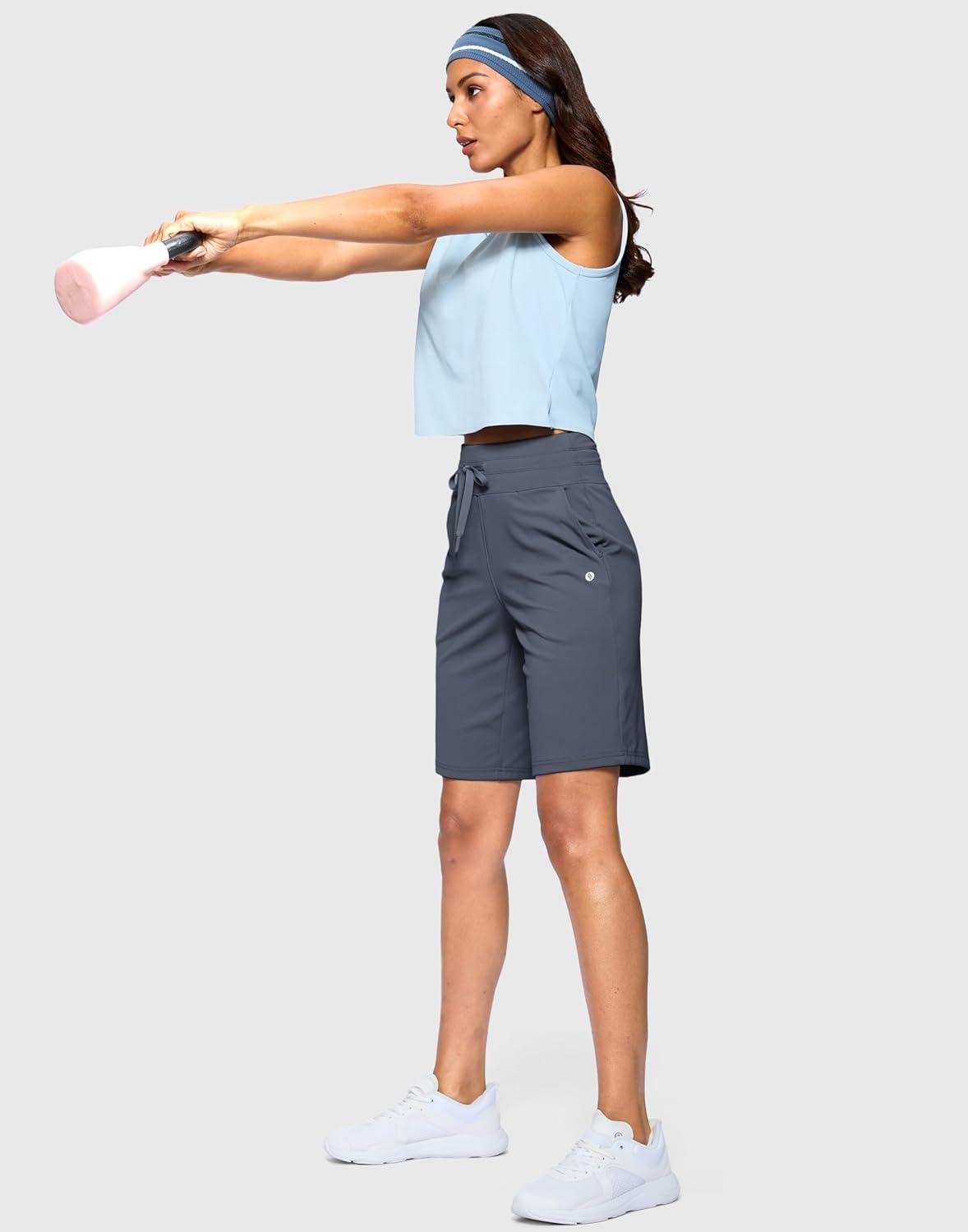 imageSANTINY Womens Bermuda Long Shorts with Pockets Drawstring High Waisted Athletic Knee Length Shorts Walking Casual WorkoutDusty Blue