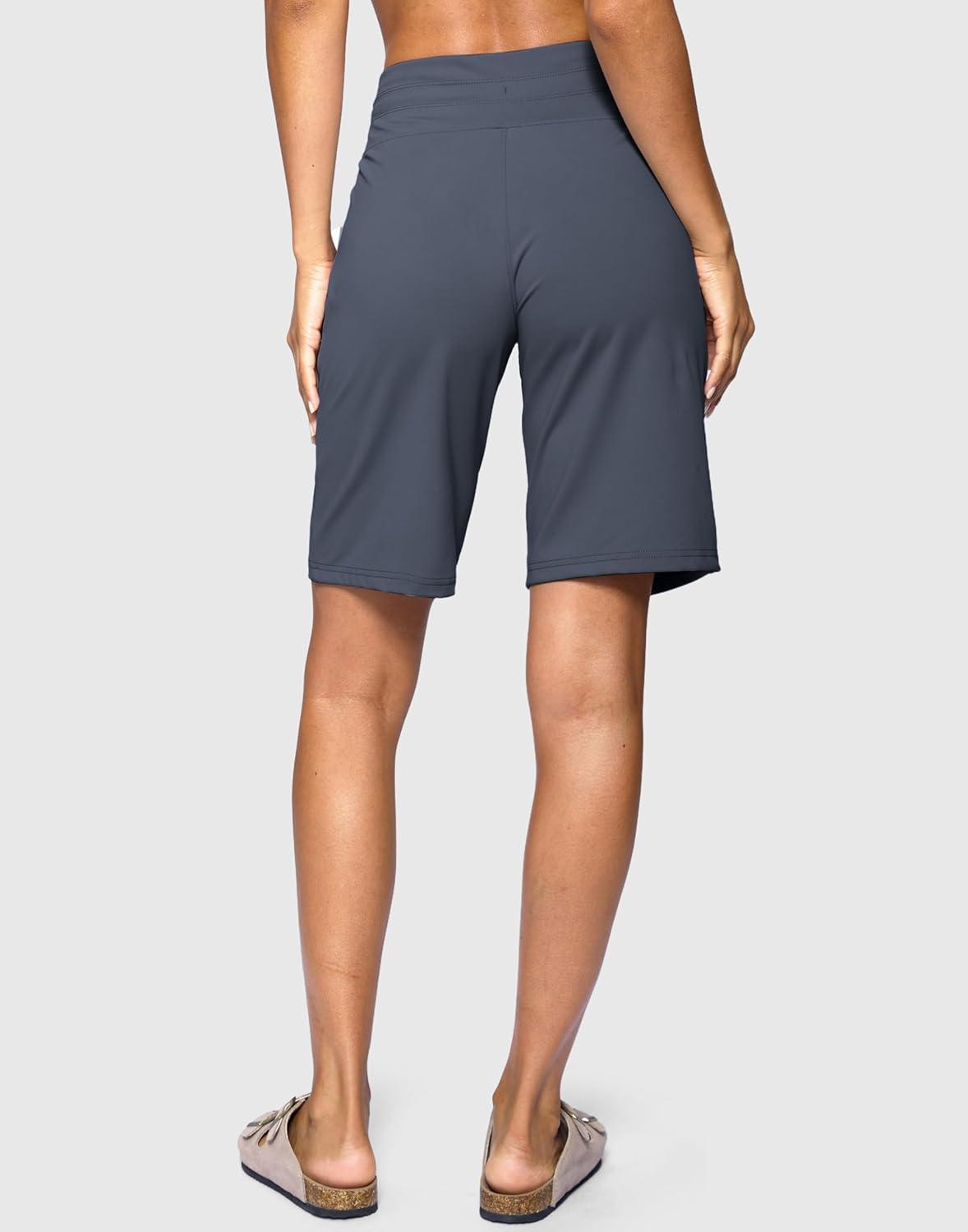 imageSANTINY Womens Bermuda Long Shorts with Pockets Drawstring High Waisted Athletic Knee Length Shorts Walking Casual WorkoutDusty Blue