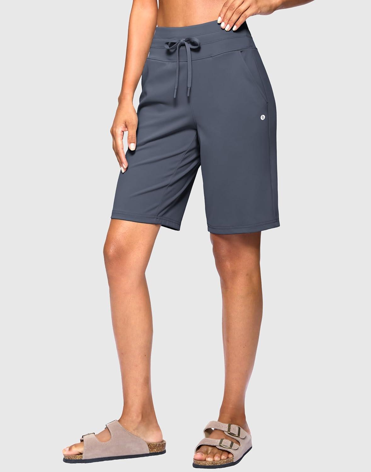 imageSANTINY Womens Bermuda Long Shorts with Pockets Drawstring High Waisted Athletic Knee Length Shorts Walking Casual WorkoutDusty Blue
