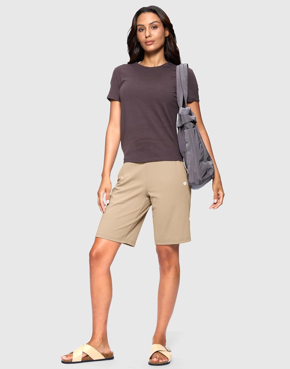 imageSANTINY Womens Bermuda Long Shorts with Pockets Drawstring High Waisted Athletic Knee Length Shorts Walking Casual WorkoutKhaki