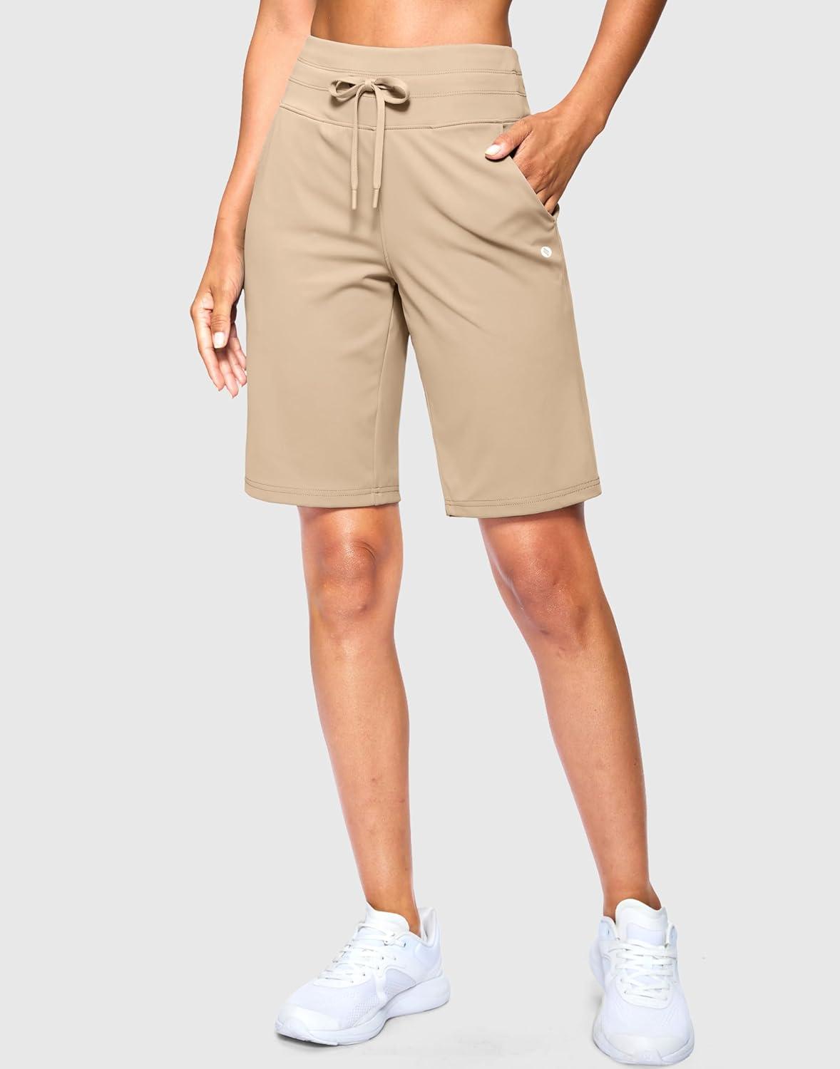 imageSANTINY Womens Bermuda Long Shorts with Pockets Drawstring High Waisted Athletic Knee Length Shorts Walking Casual WorkoutKhaki