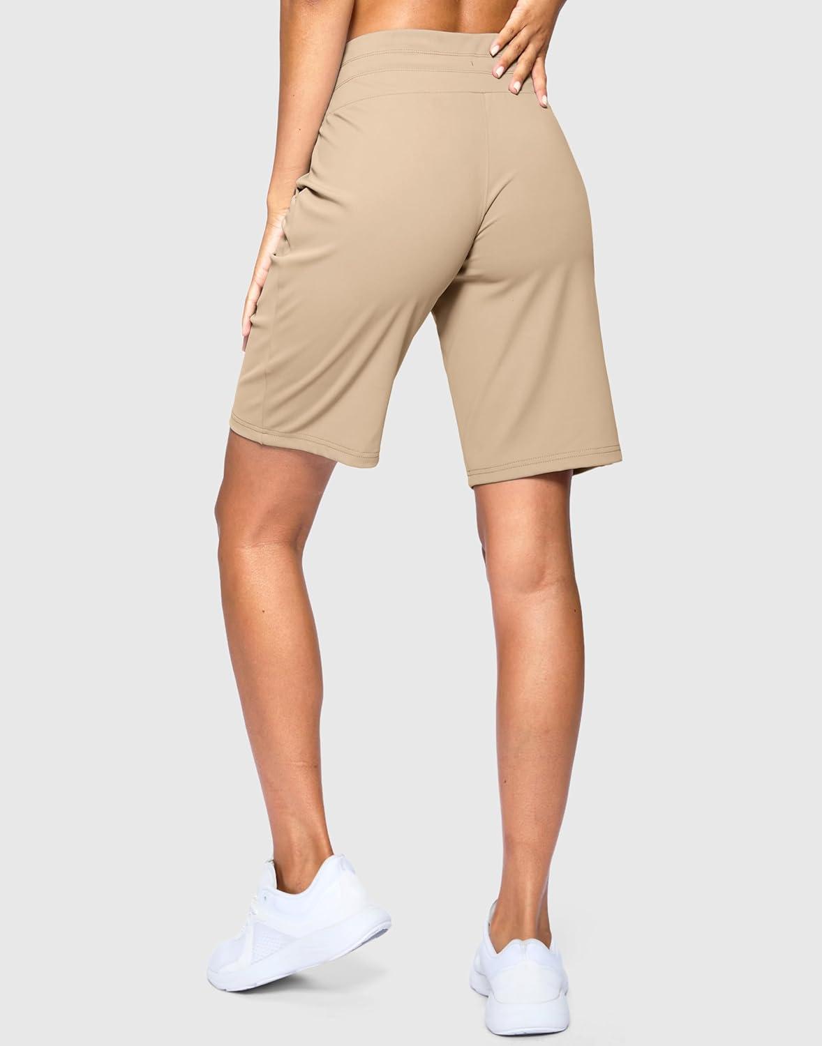imageSANTINY Womens Bermuda Long Shorts with Pockets Drawstring High Waisted Athletic Knee Length Shorts Walking Casual WorkoutKhaki