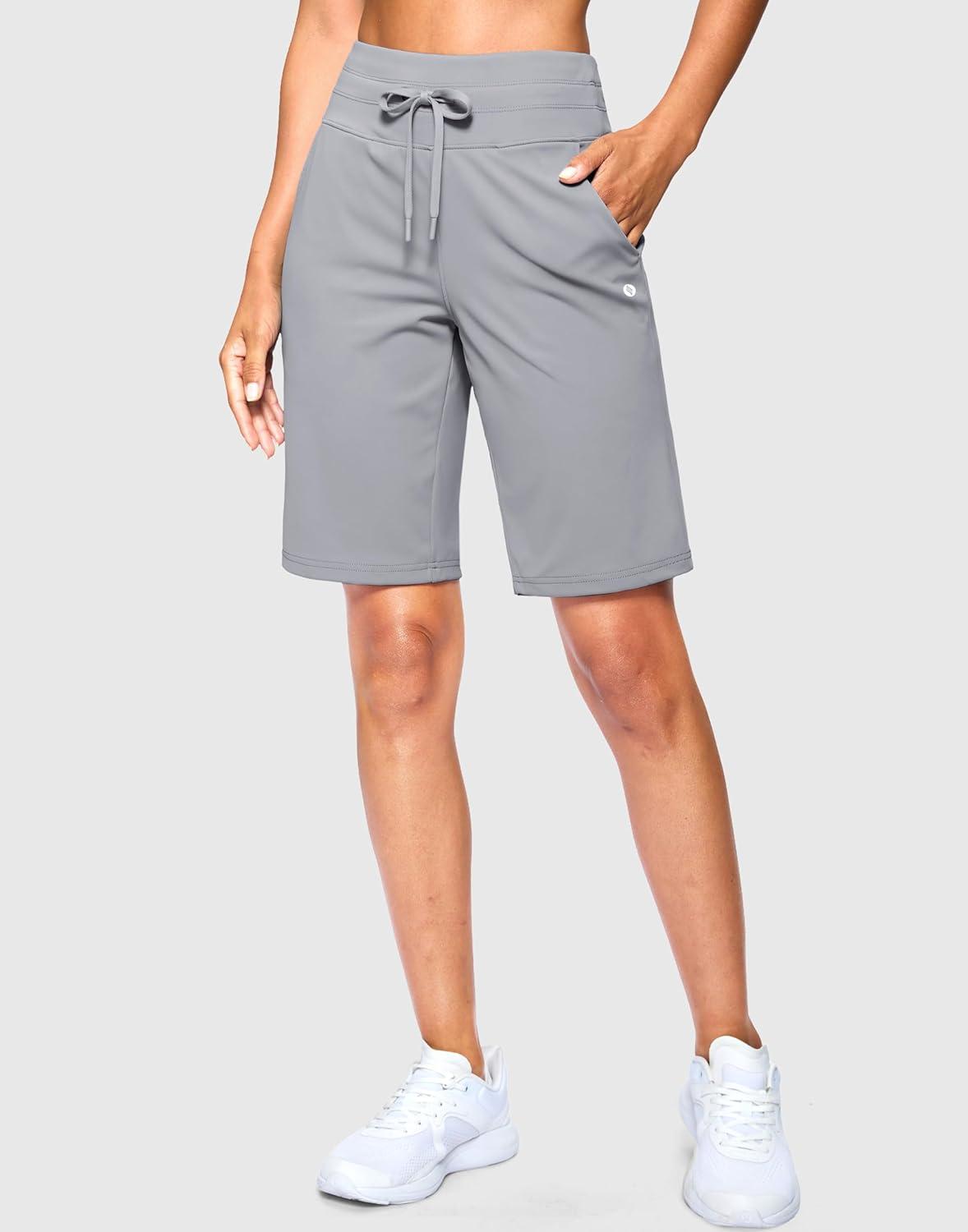 imageSANTINY Womens Bermuda Long Shorts with Pockets Drawstring High Waisted Athletic Knee Length Shorts Walking Casual WorkoutLight Grey