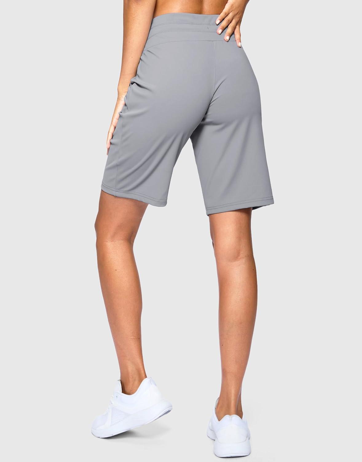imageSANTINY Womens Bermuda Long Shorts with Pockets Drawstring High Waisted Athletic Knee Length Shorts Walking Casual WorkoutLight Grey