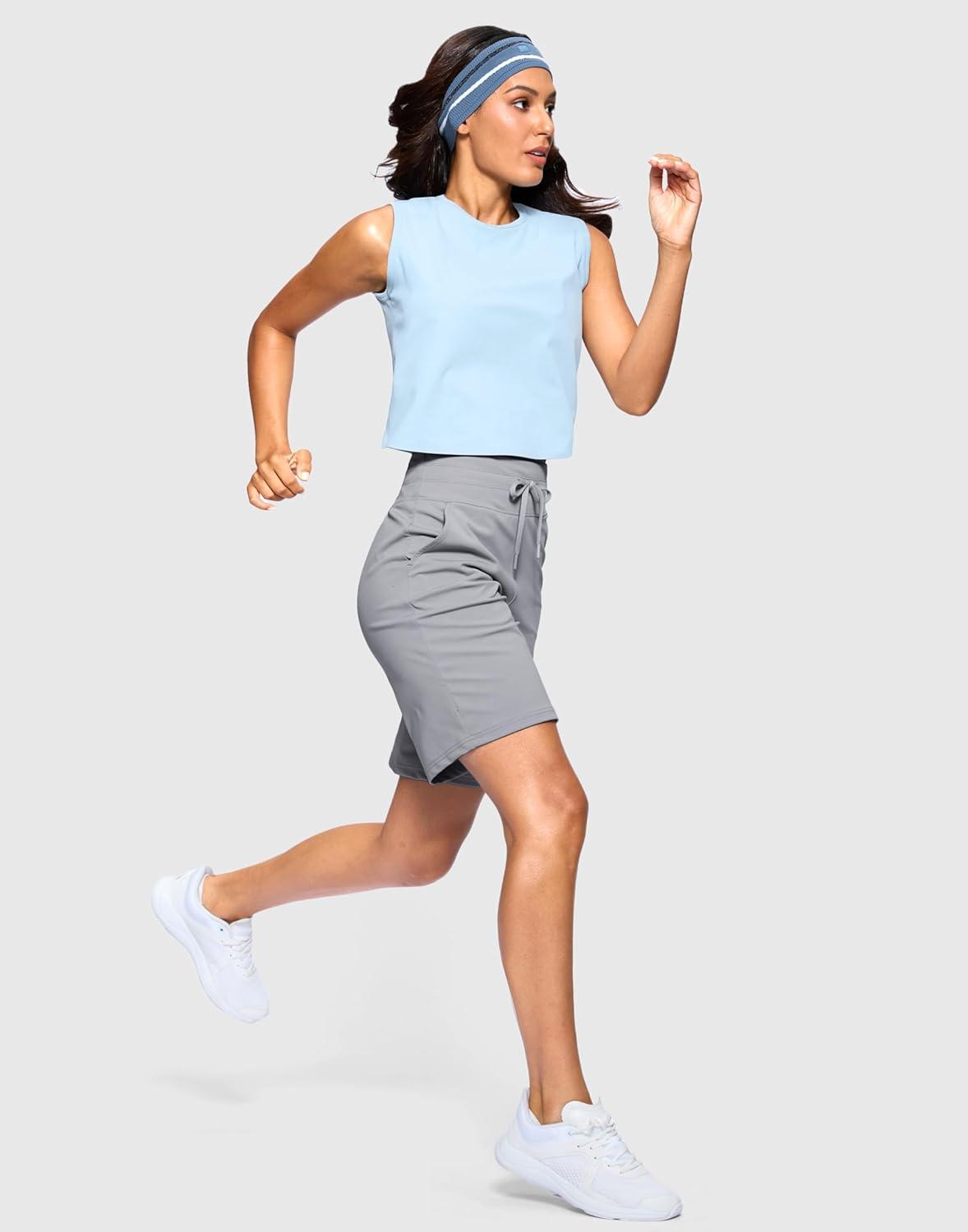 imageSANTINY Womens Bermuda Long Shorts with Pockets Drawstring High Waisted Athletic Knee Length Shorts Walking Casual WorkoutLight Grey