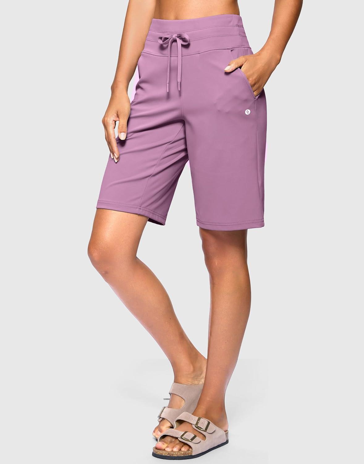 imageSANTINY Womens Bermuda Long Shorts with Pockets Drawstring High Waisted Athletic Knee Length Shorts Walking Casual WorkoutPurple Grey
