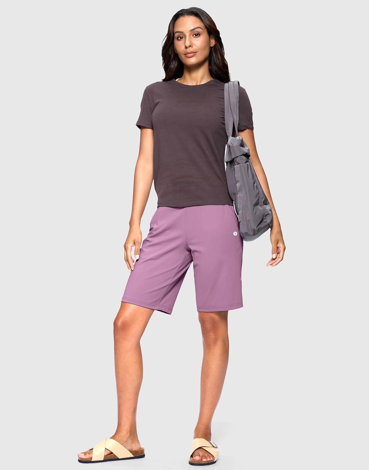 imageSANTINY Womens Bermuda Long Shorts with Pockets Drawstring High Waisted Athletic Knee Length Shorts Walking Casual WorkoutPurple Grey