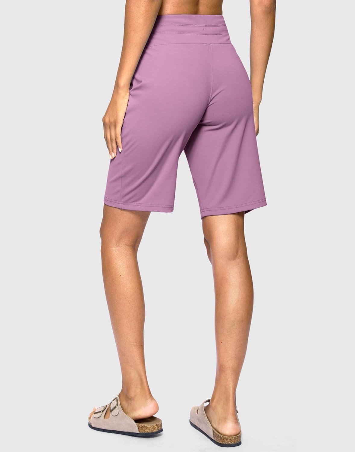 imageSANTINY Womens Bermuda Long Shorts with Pockets Drawstring High Waisted Athletic Knee Length Shorts Walking Casual WorkoutPurple Grey