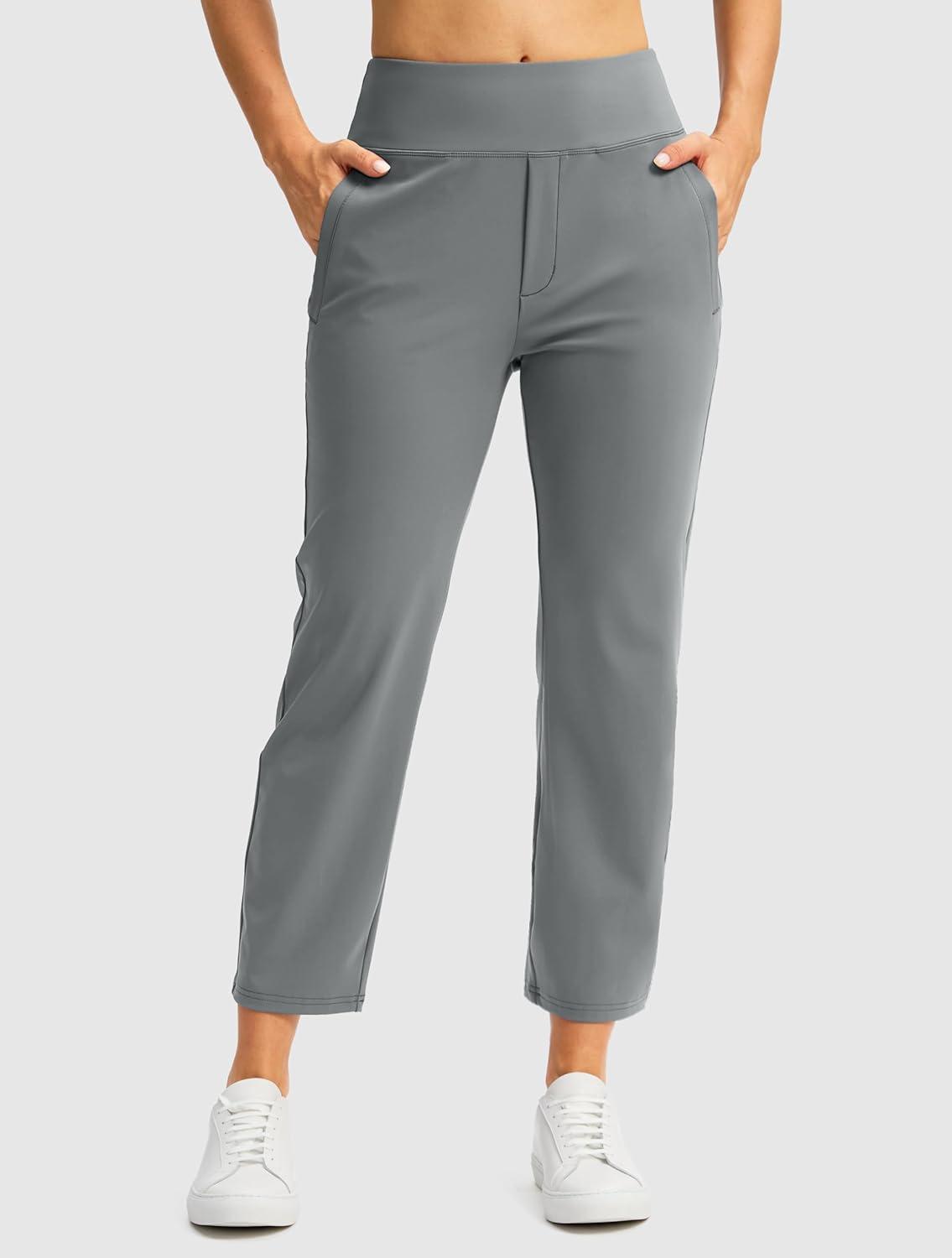 imageSANTINY Womens Pants with 3 Pockets 78 High Waisted Stretch Ankle Pants for Women Golf Casual Travel Athletic WorkLight Grey