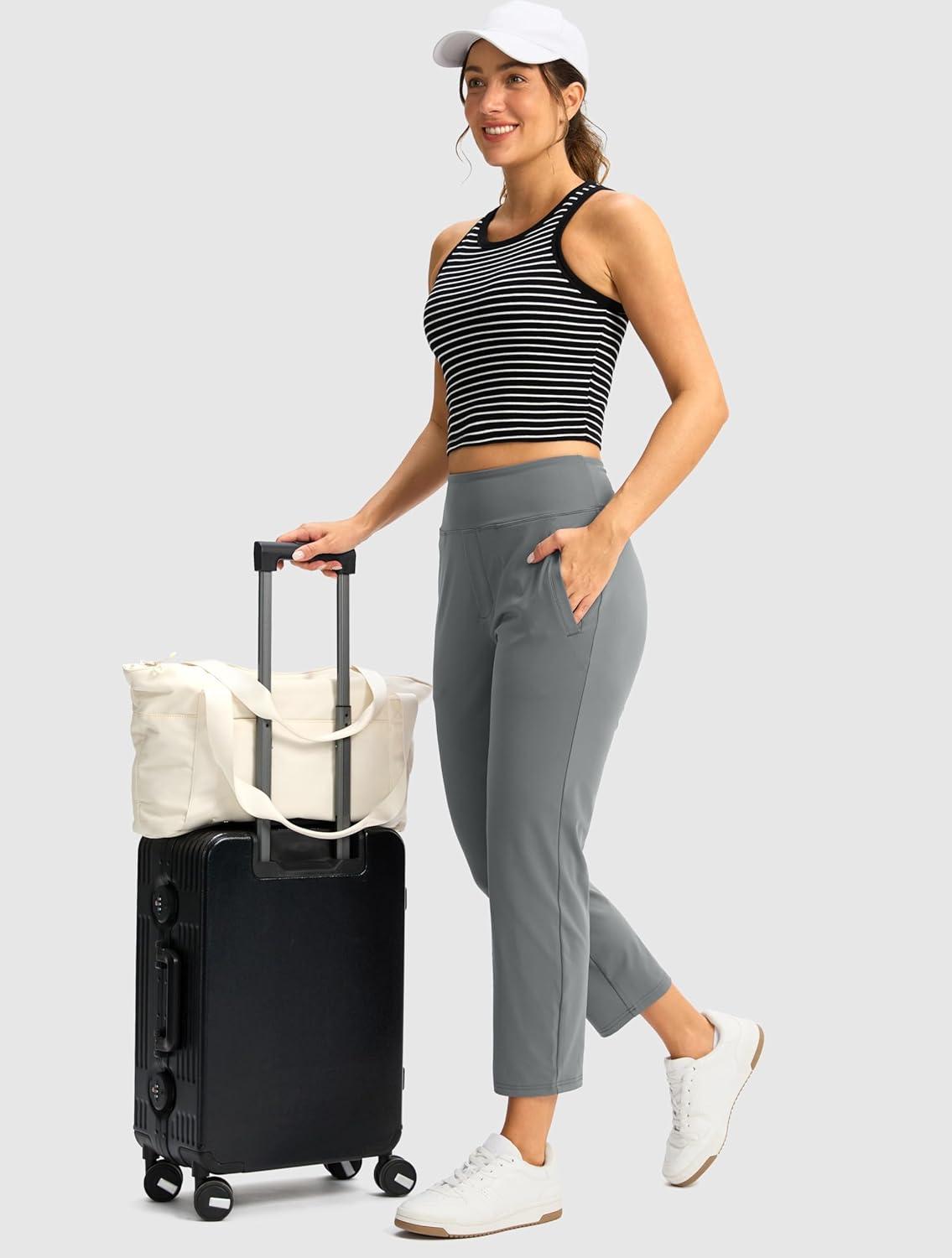 imageSANTINY Womens Pants with 3 Pockets 78 High Waisted Stretch Ankle Pants for Women Golf Casual Travel Athletic WorkLight Grey