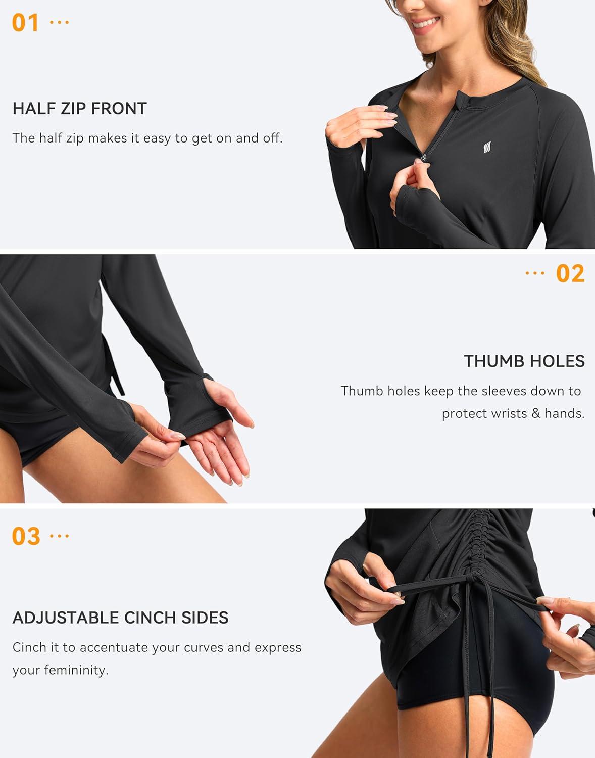 imageSANTINY Womens Rash Guard UPF50 SPF Long Sleeve Swimsuits Top UV Sun Protection Swim Shirts for Woman with ZipBlack
