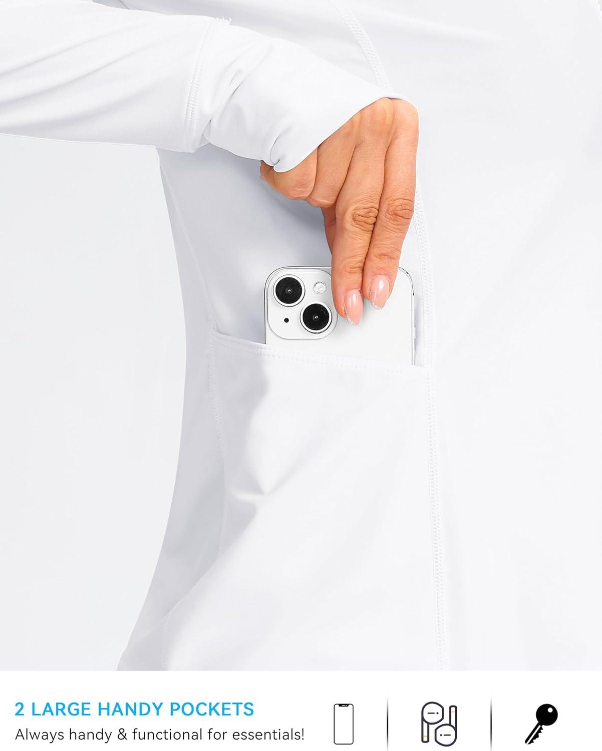 imageSANTINY Womens Rash Guard UPF50 SPF UV Protection Long Sleeve Swimsuit Top with Pockets Zip Front Swim Shirts WomanA White