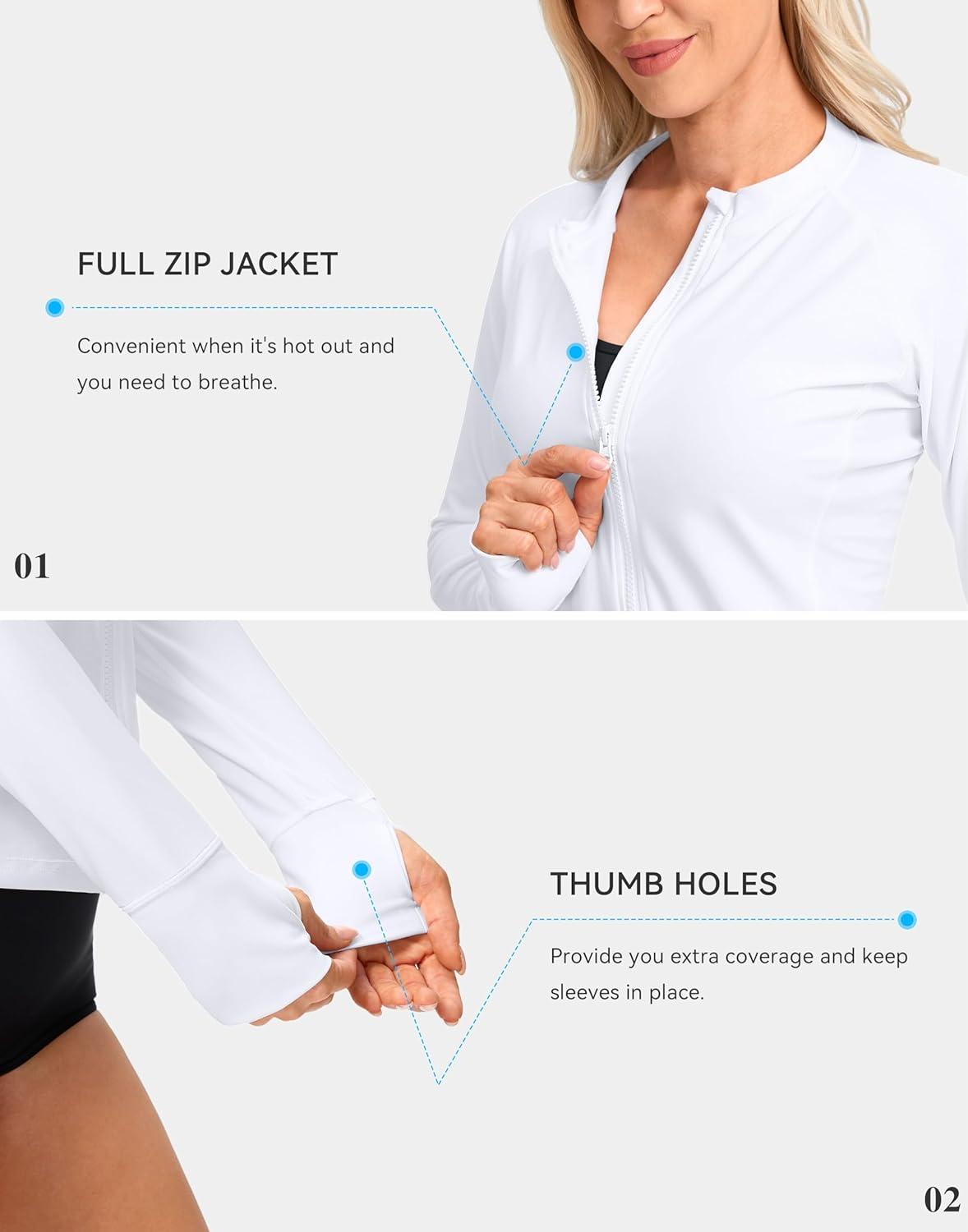 imageSANTINY Womens Rash Guard UPF50 SPF UV Protection Long Sleeve Swimsuit Top with Pockets Zip Front Swim Shirts WomanA White