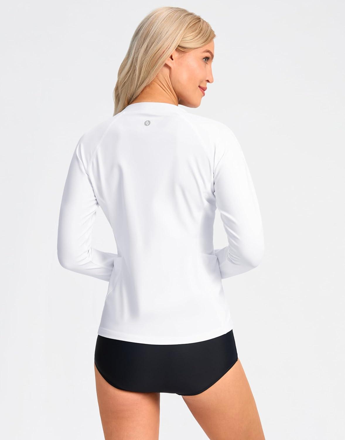 imageSANTINY Womens Rash Guard UPF50 SPF UV Protection Long Sleeve Swimsuit Top with Pockets Zip Front Swim Shirts WomanA White