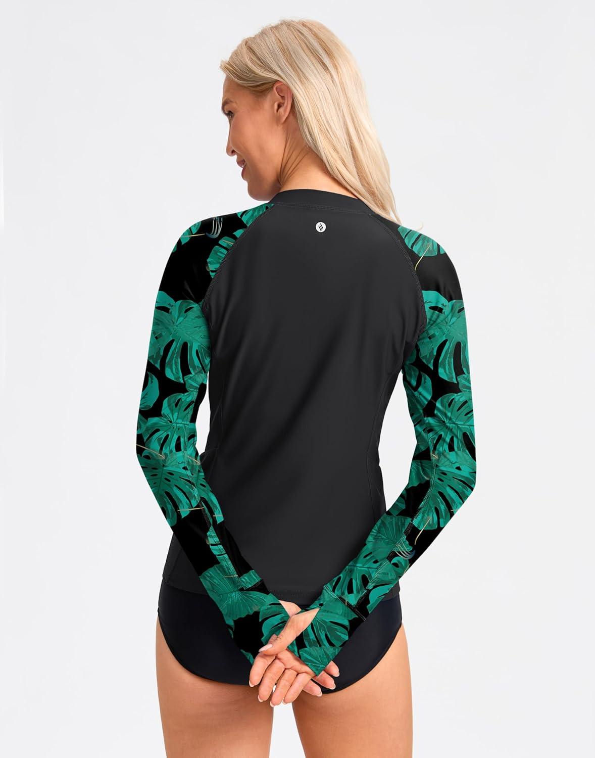 imageSANTINY Womens Rash Guard UPF50 SPF UV Protection Long Sleeve Swimsuit Top with Pockets Zip Front Swim Shirts WomanBlack Leaf