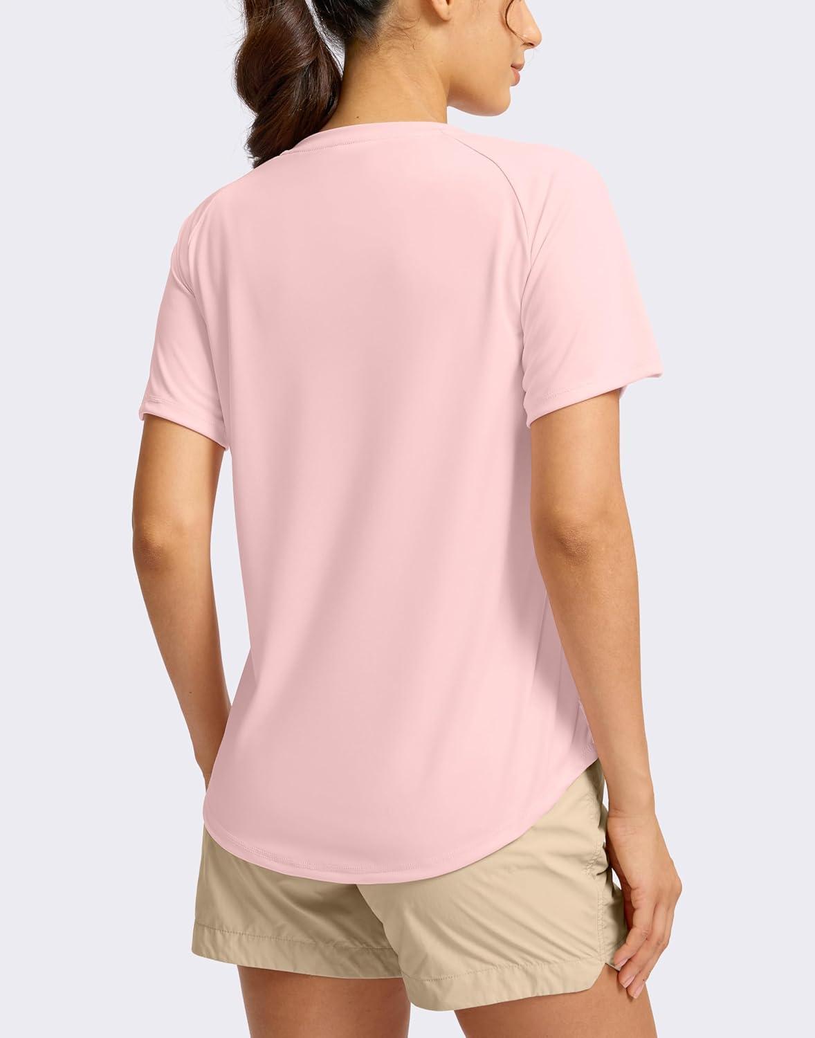 imageSANTINY Womens Short Sleeve Shirts UPF 50 Sun Protection Moisture Wicking TShirts Hiking Athletic Workout Tops for WomenPink