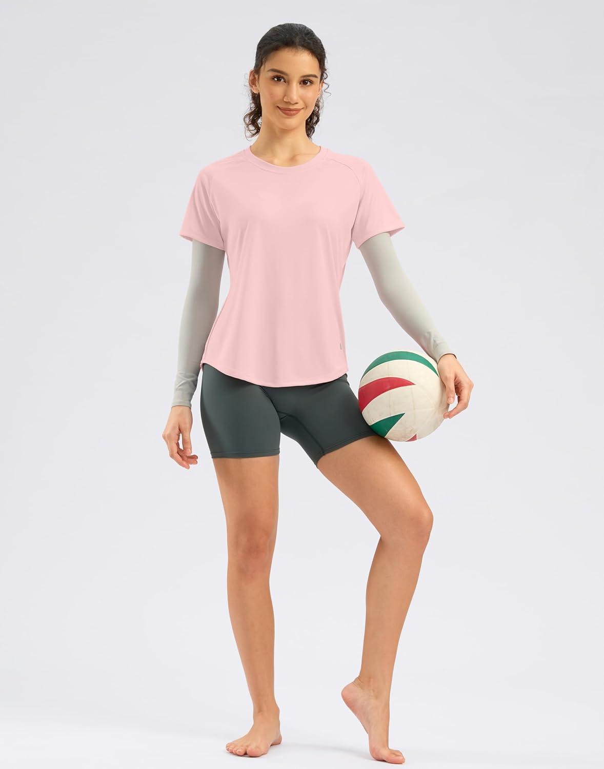 imageSANTINY Womens Short Sleeve Shirts UPF 50 Sun Protection Moisture Wicking TShirts Hiking Athletic Workout Tops for WomenPink