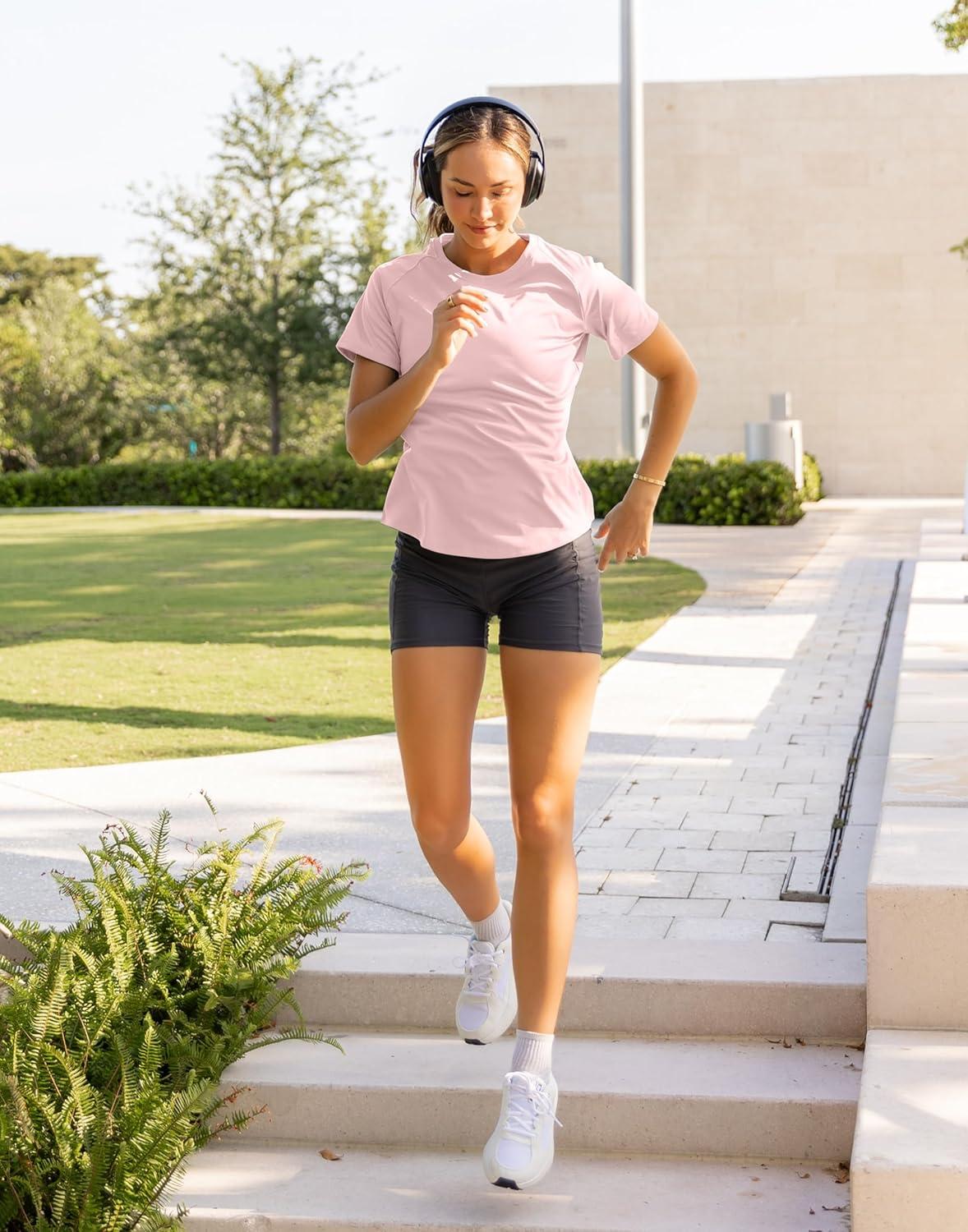 imageSANTINY Womens Short Sleeve Shirts UPF 50 Sun Protection Moisture Wicking TShirts Hiking Athletic Workout Tops for WomenPink