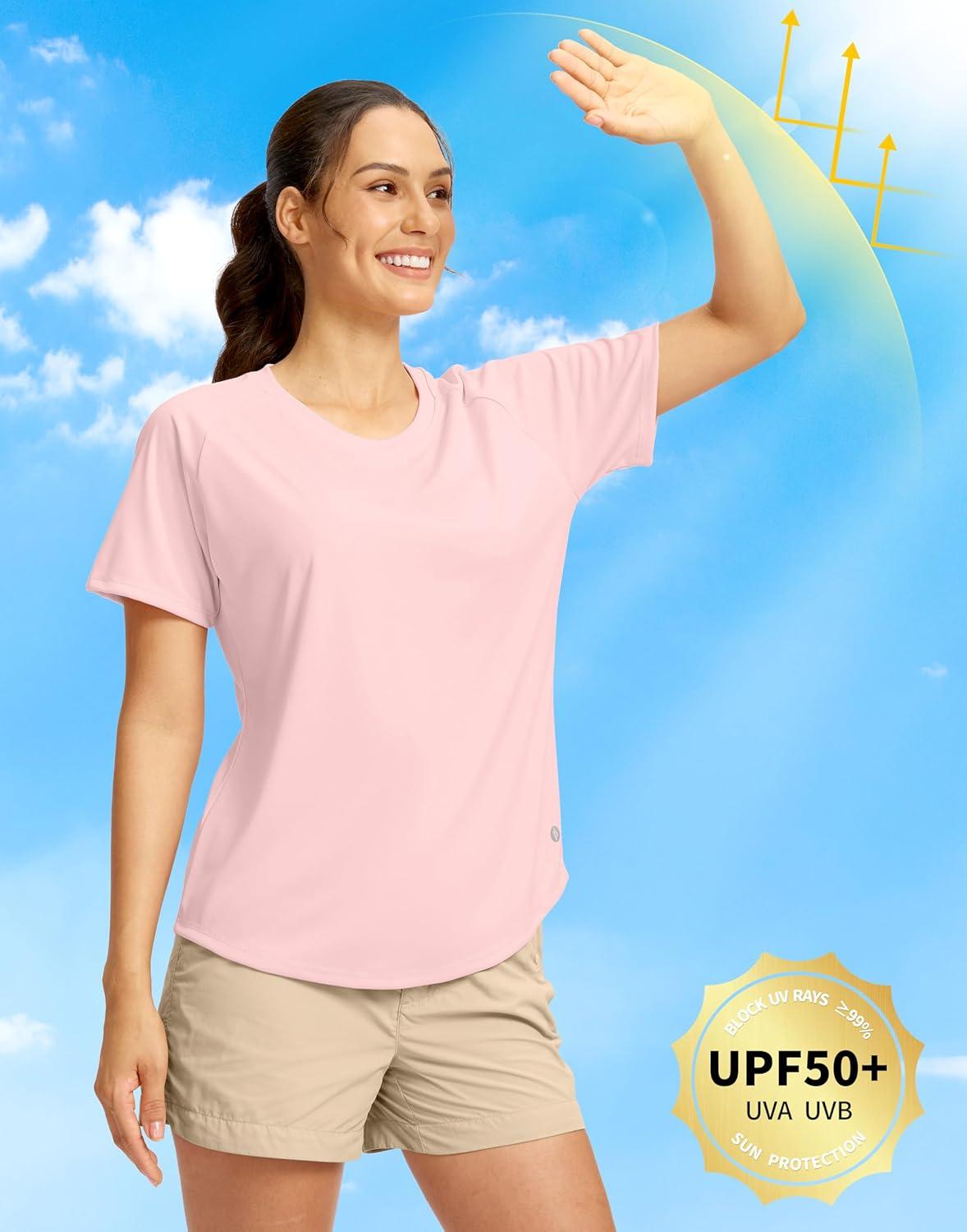 imageSANTINY Womens Short Sleeve Shirts UPF 50 Sun Protection Moisture Wicking TShirts Hiking Athletic Workout Tops for WomenPink