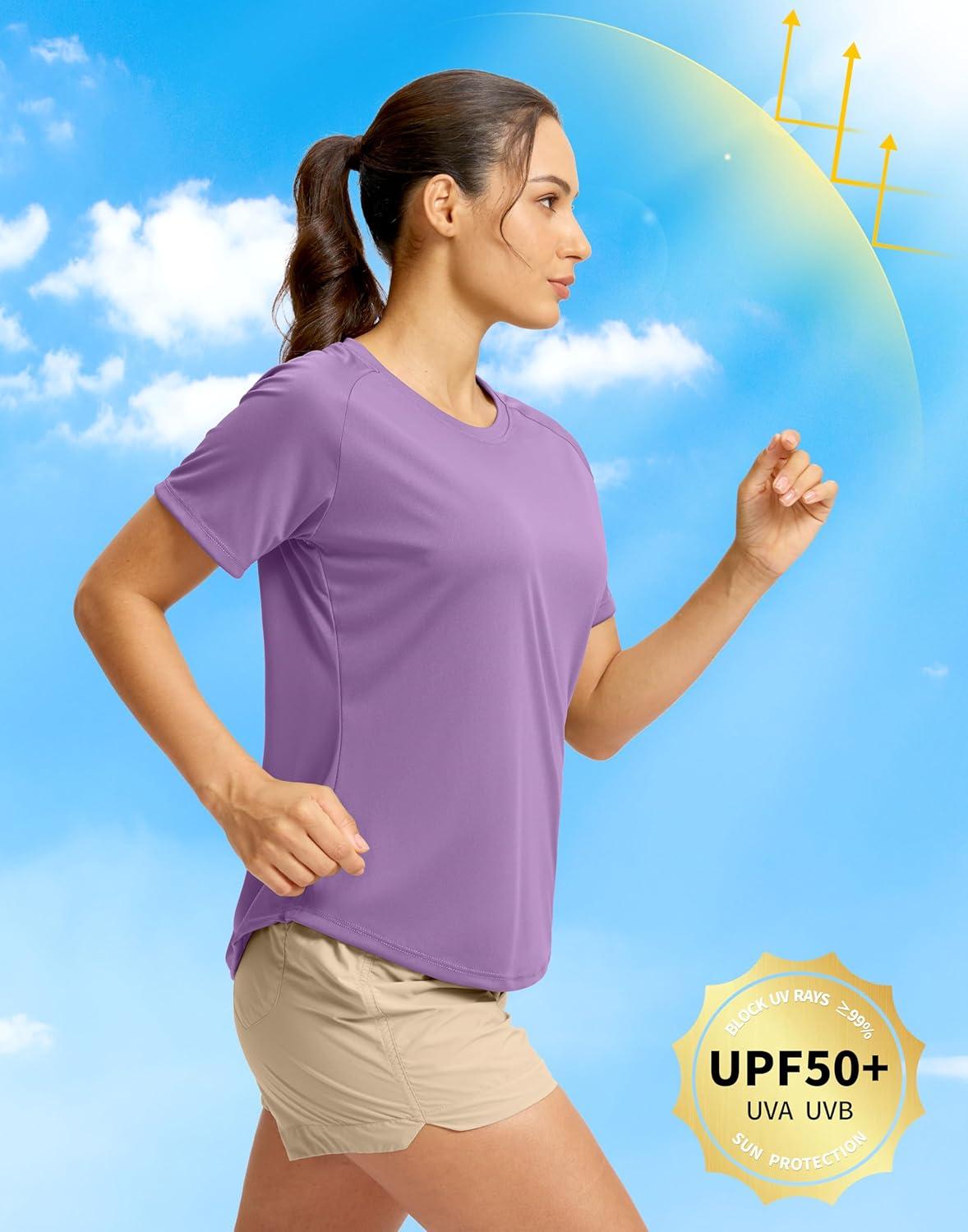 imageSANTINY Womens Short Sleeve Shirts UPF 50 Sun Protection Moisture Wicking TShirts Hiking Athletic Workout Tops for WomenPurple