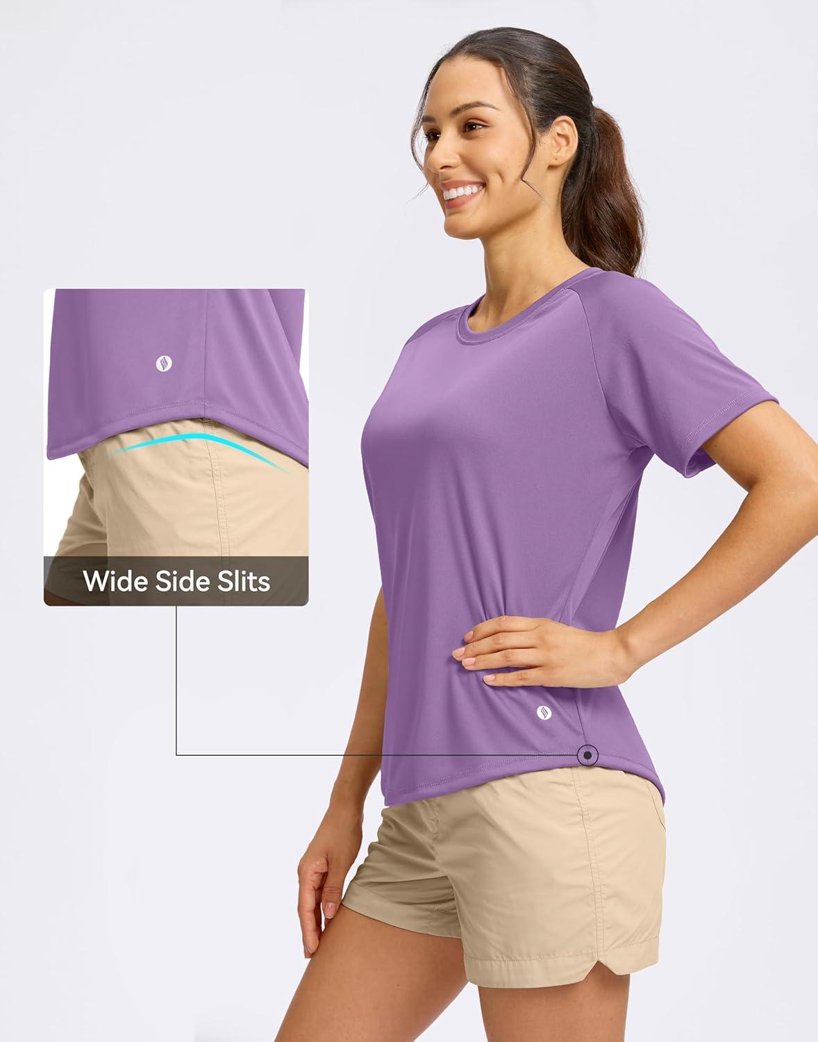 imageSANTINY Womens Short Sleeve Shirts UPF 50 Sun Protection Moisture Wicking TShirts Hiking Athletic Workout Tops for WomenPurple