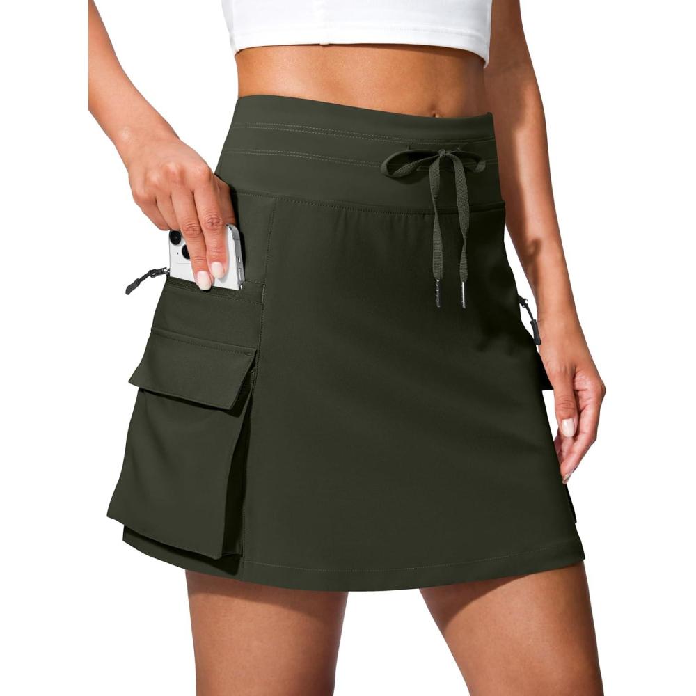 imageSANTINY 16quot Cargo Skort with 6 Pockets Drawstring High Waisted Golf Travel Hiking Skorts for Women Dressy Casual SummerDeep Olive Green