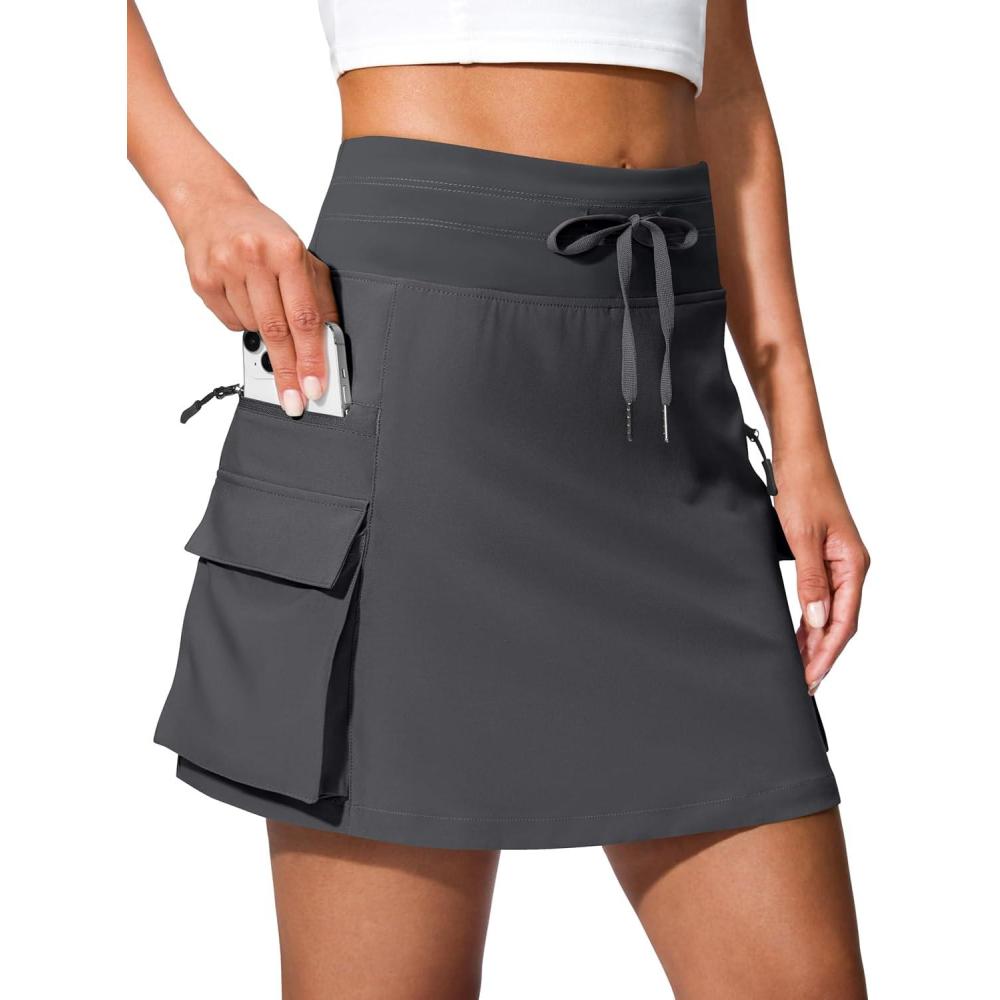 imageSANTINY 16quot Cargo Skort with 6 Pockets Drawstring High Waisted Golf Travel Hiking Skorts for Women Dressy Casual SummerSteel Grey