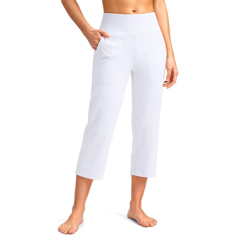 imageSANTINY Capri Pants for Women High Waisted Workout Yoga Capris Leggings Straight Leg Athletic Cropped Pants with PocketsA White
