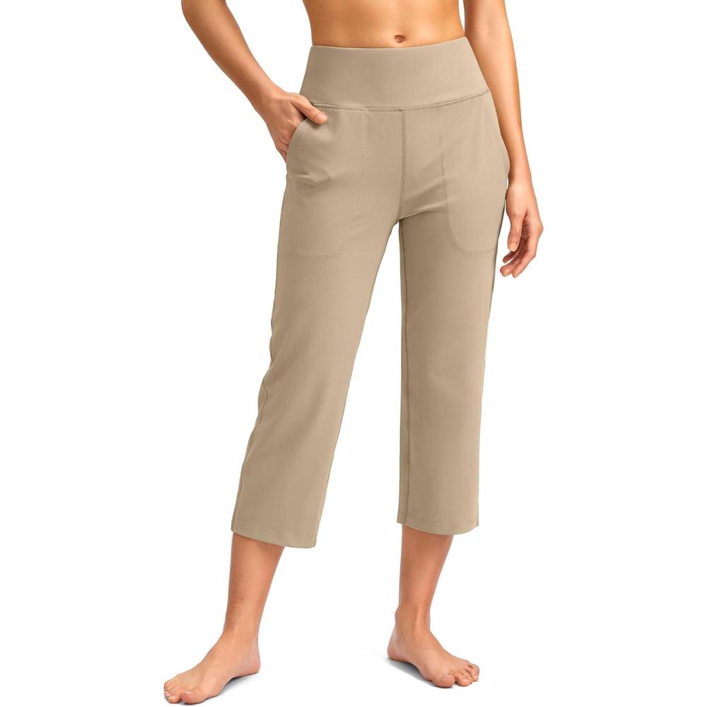 imageSANTINY Capri Pants for Women High Waisted Workout Yoga Capris Leggings Straight Leg Athletic Cropped Pants with PocketsKhaki