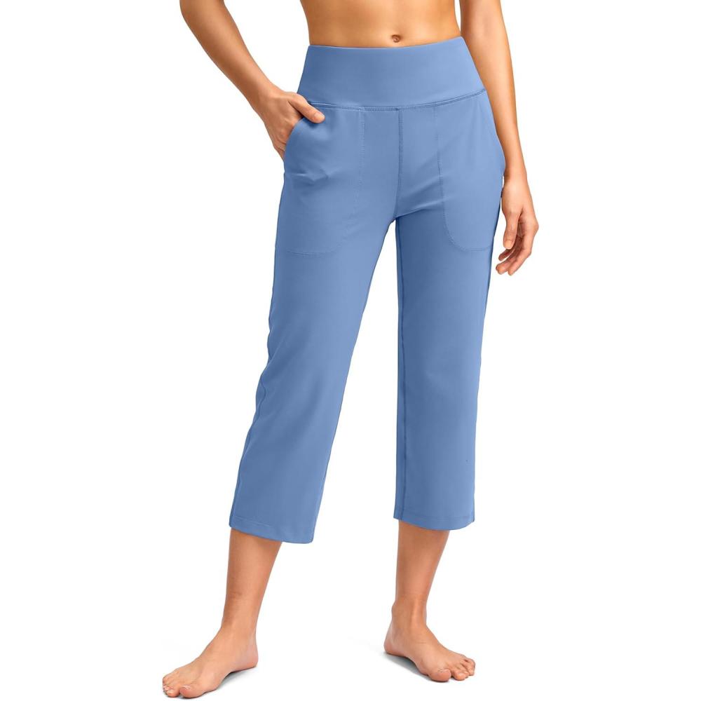 imageSANTINY Capri Pants for Women High Waisted Workout Yoga Capris Leggings Straight Leg Athletic Cropped Pants with PocketsLight Blue