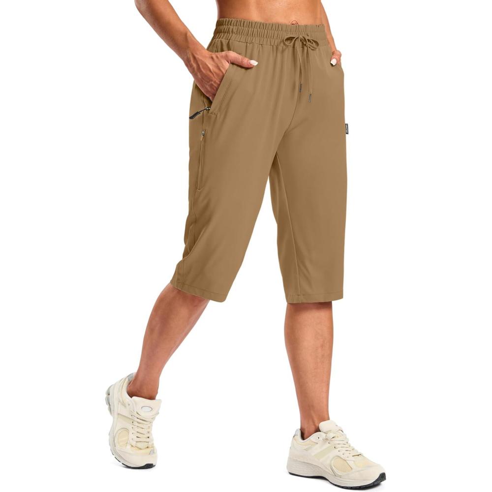 imageSANTINY Womens 15quot Long Shorts with Pockets Below The Knee Length Hiking Cargo Capris Lightweight Quick Dry Bermuda ShortsDark Khaki